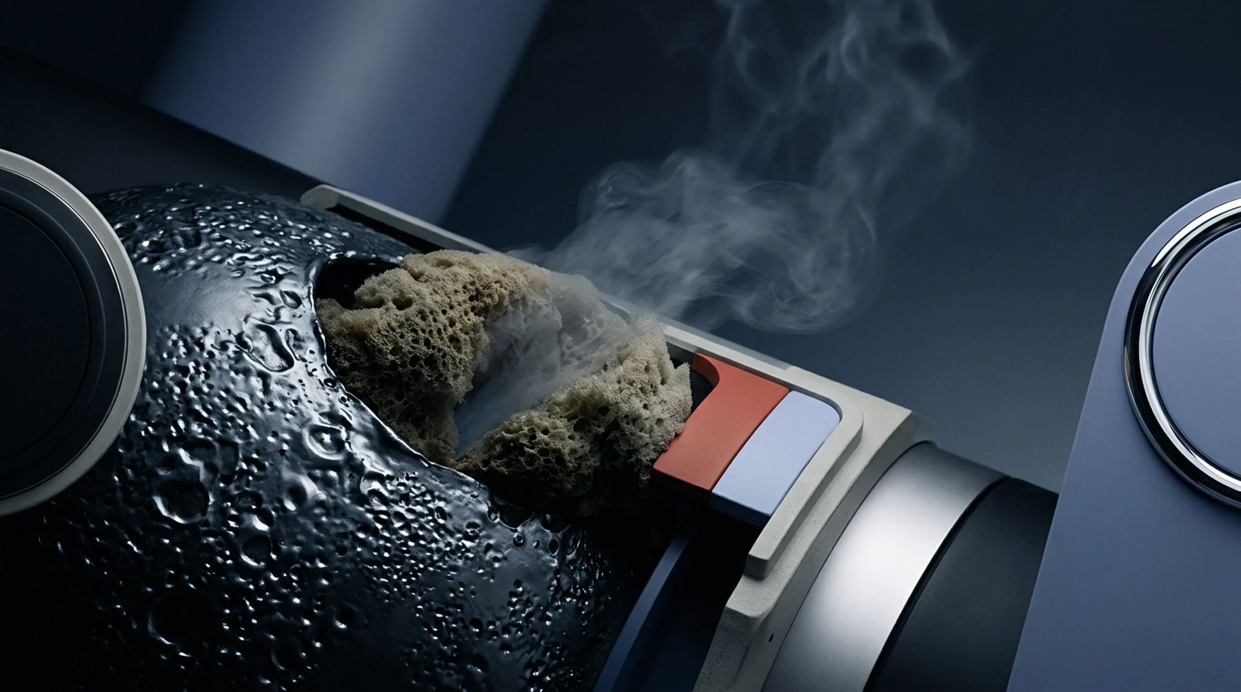 A metallic sphere with a fractured crater releases vapor from an internal porous composite during thermal stress testing in a manufacturing facility.