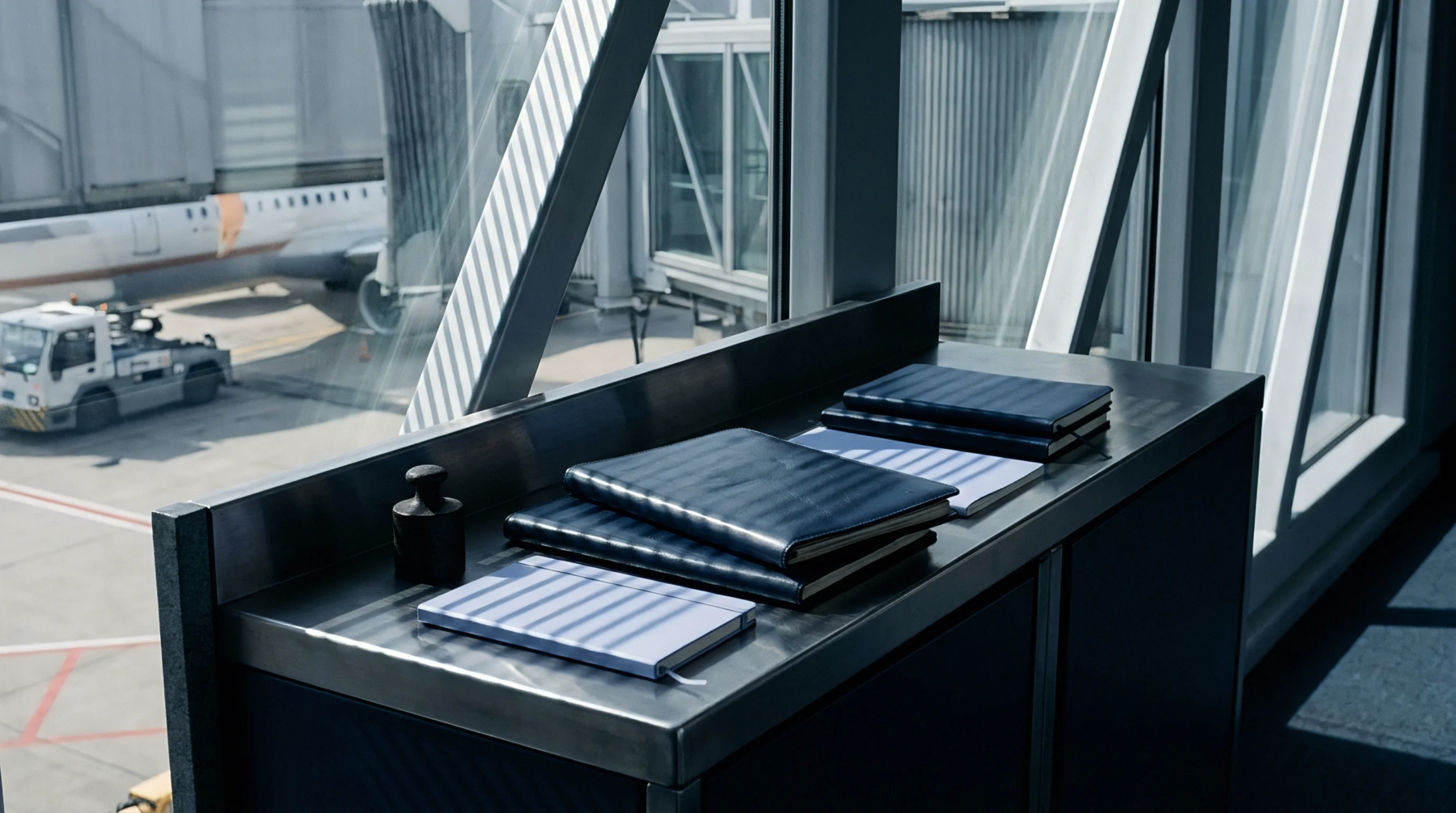 Leather bound customs logbooks and manifest paperwork rest on a stainless steel counter inside an air cargo terminal.