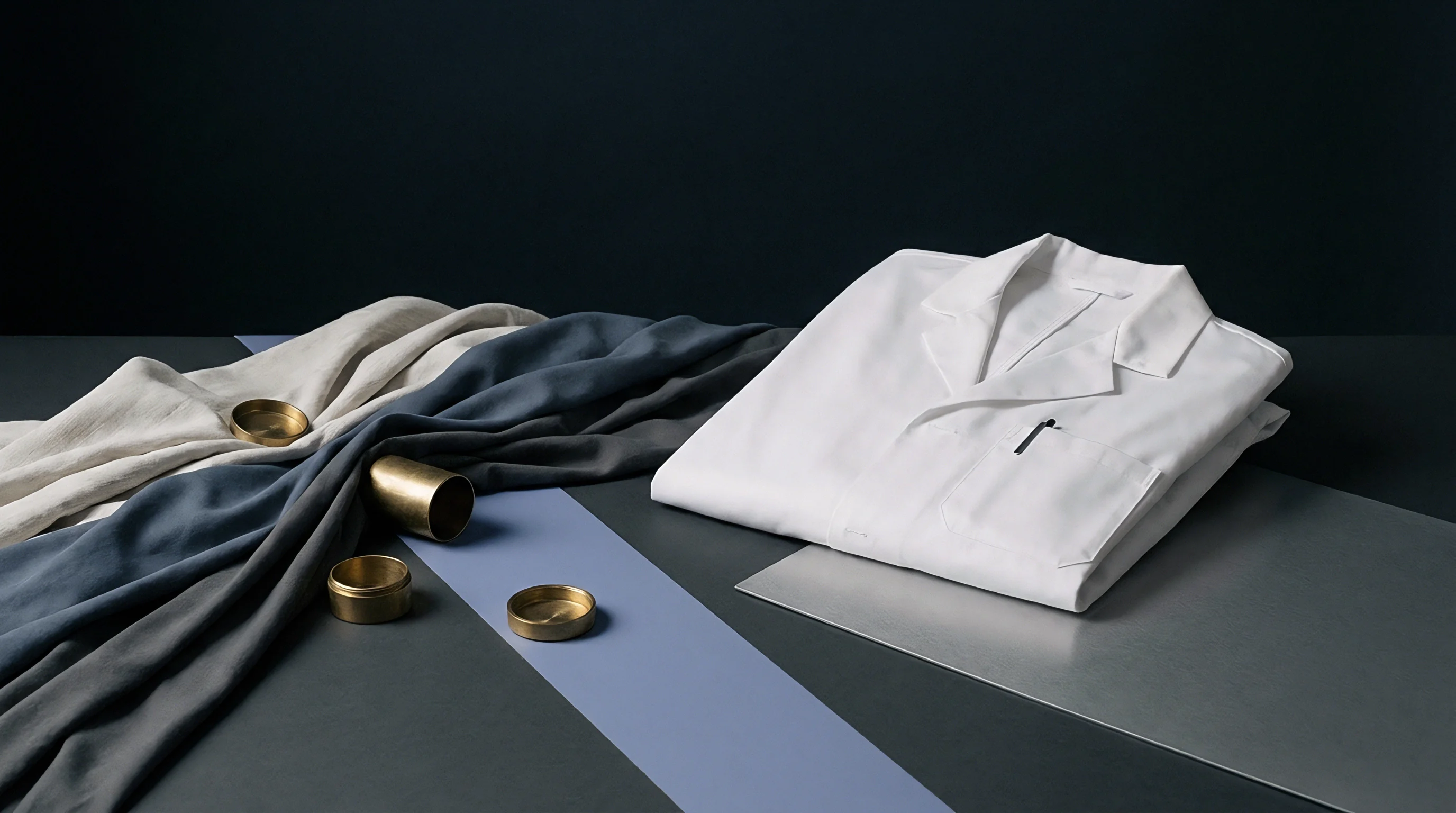 Folded cotton laboratory coat rests beside draped fabric bolts and brass hardware components on a workbench surface.