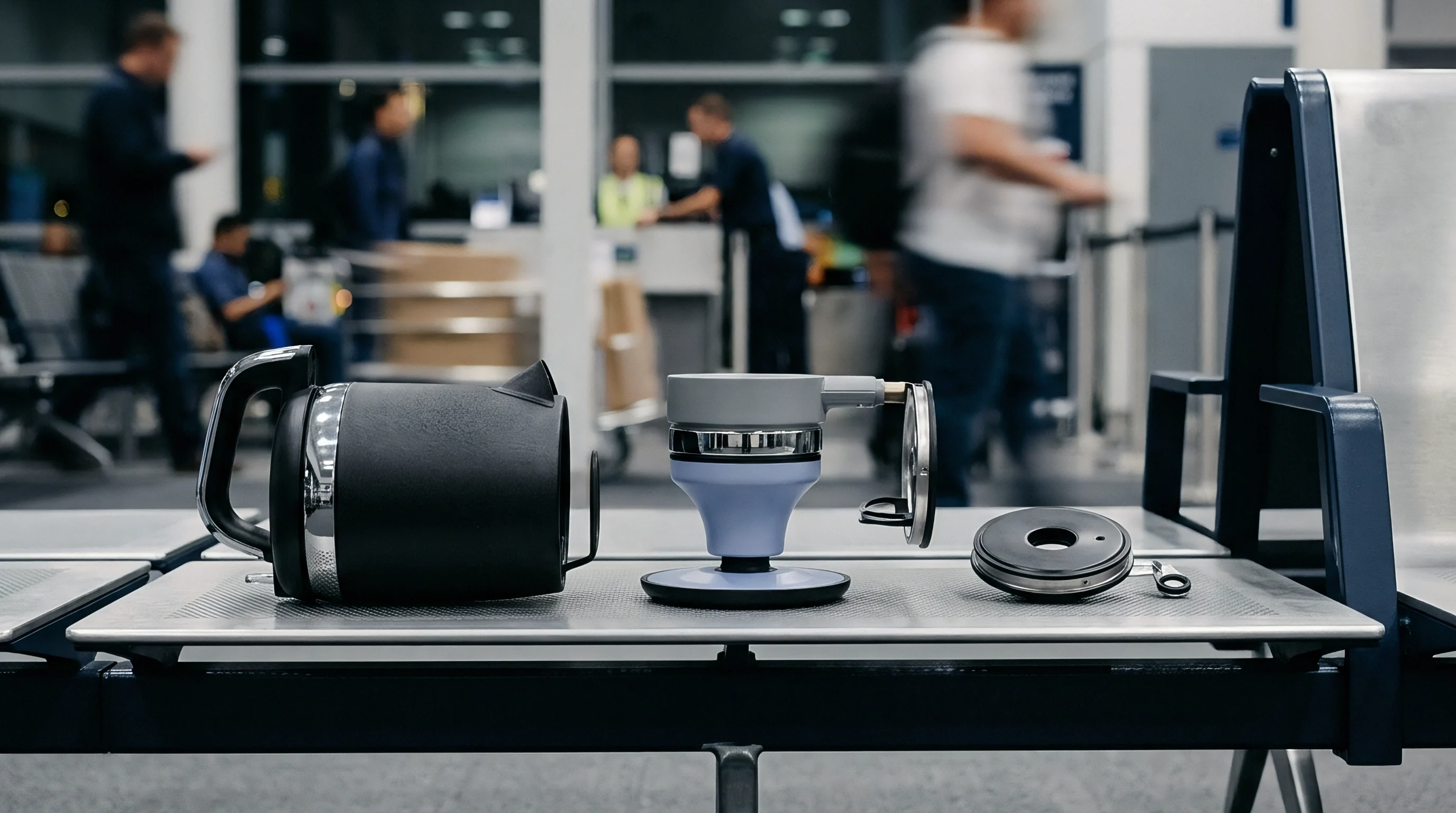 Disassembled plastic and metal appliance components rest on a metallic bench during a quality control assessment inside a transit facility.