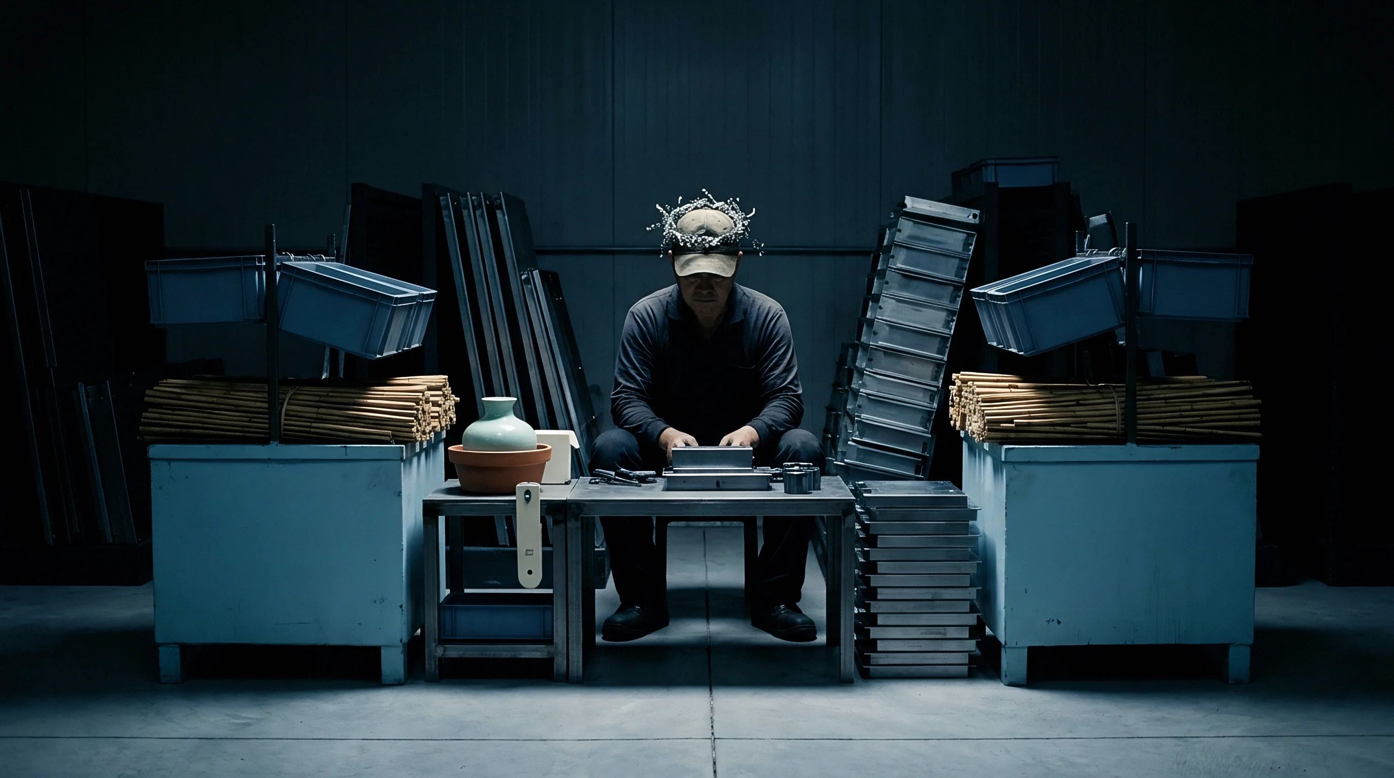 A seated worker wearing a headpiece operates at a metal workbench centered between stacked metal components inside a dim industrial warehouse.