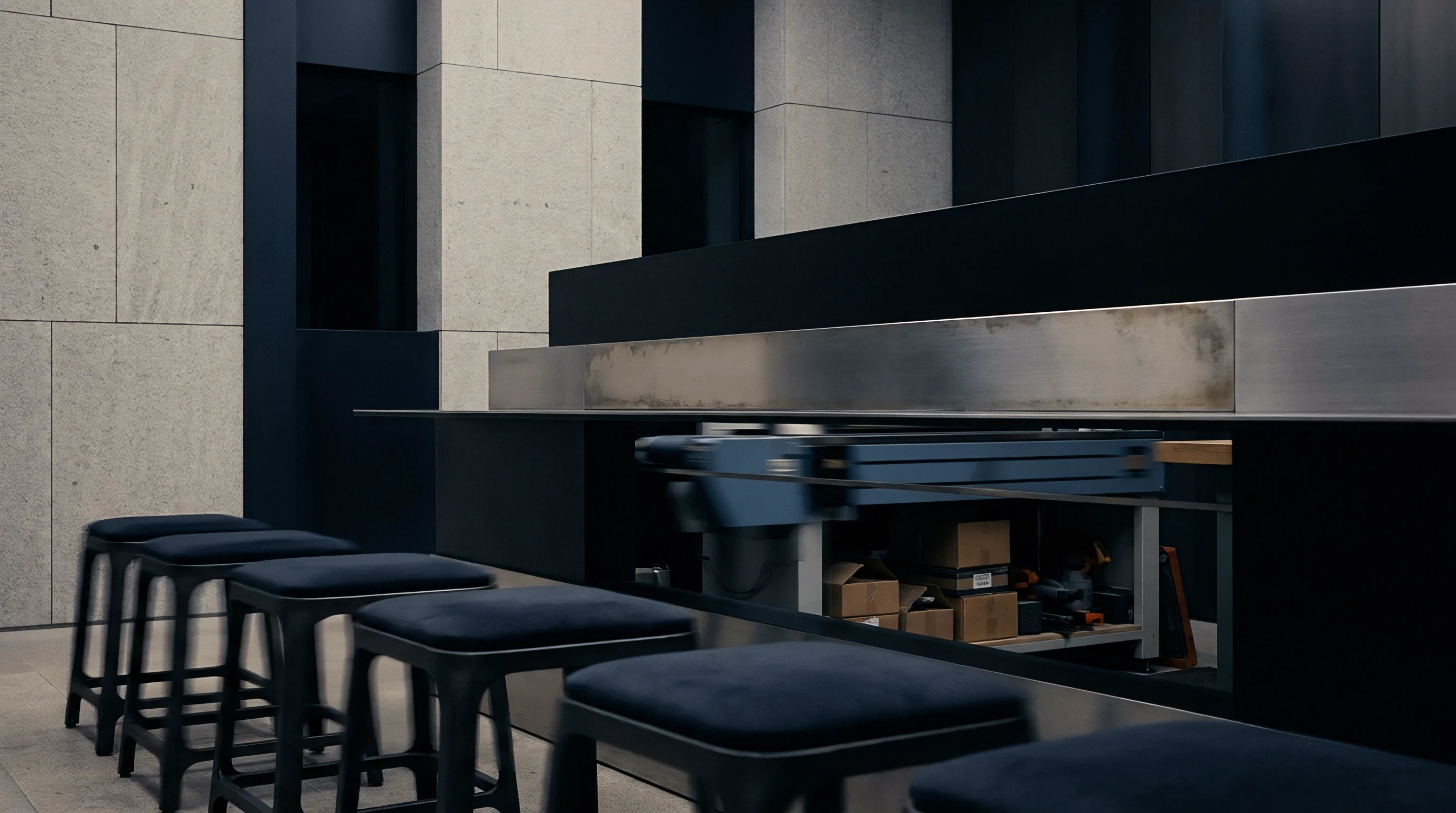 Modular metal workbenches incorporate integrated automated conveyor mechanisms and industrial storage boxes across the active factory assembly floor.