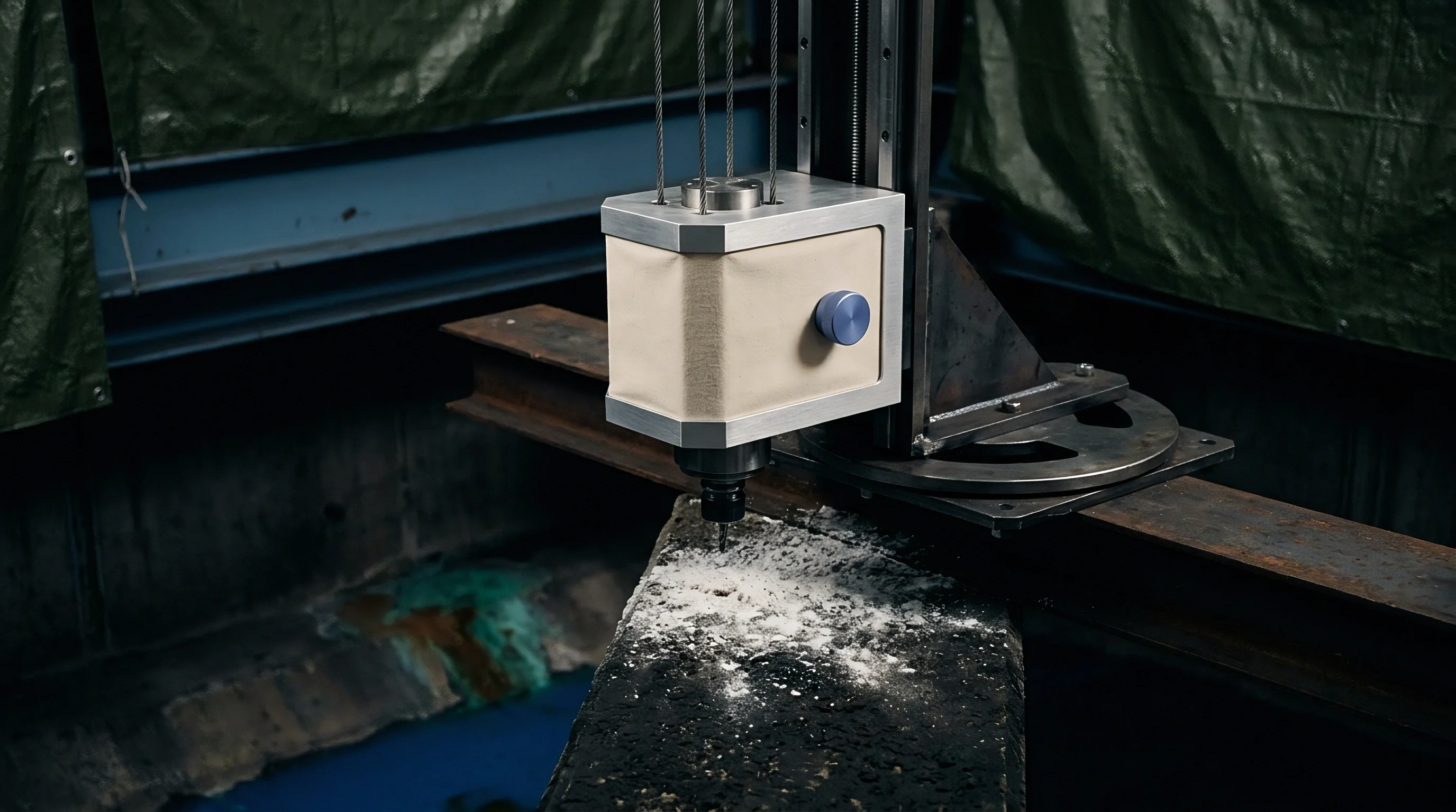 An automated industrial drill head with a fabric casing removes material from a dark block on a heavy steel gantry system.