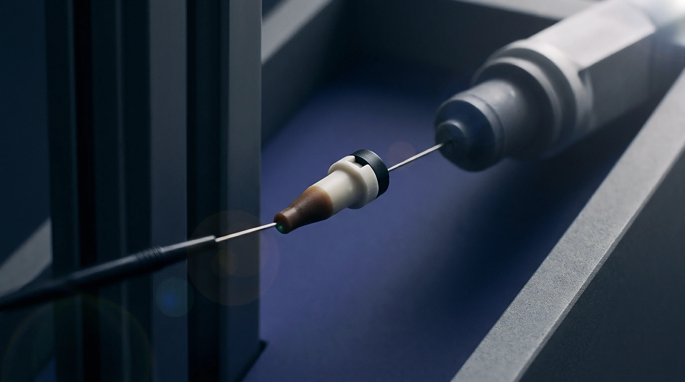 Precision automated probes align with a ceramic micro component during quality inspection inside a factory production cell.