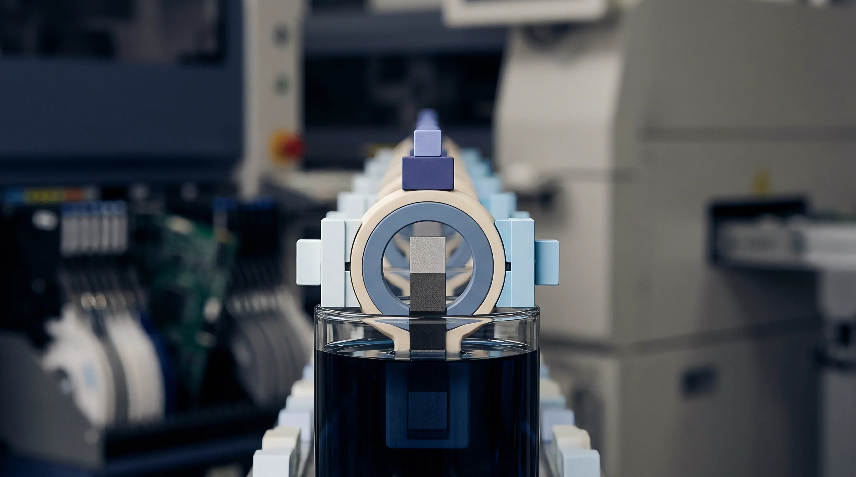 A digital render shows a precision industrial assembly line lowering a manufactured component into a dark testing fluid inside a factory setting.