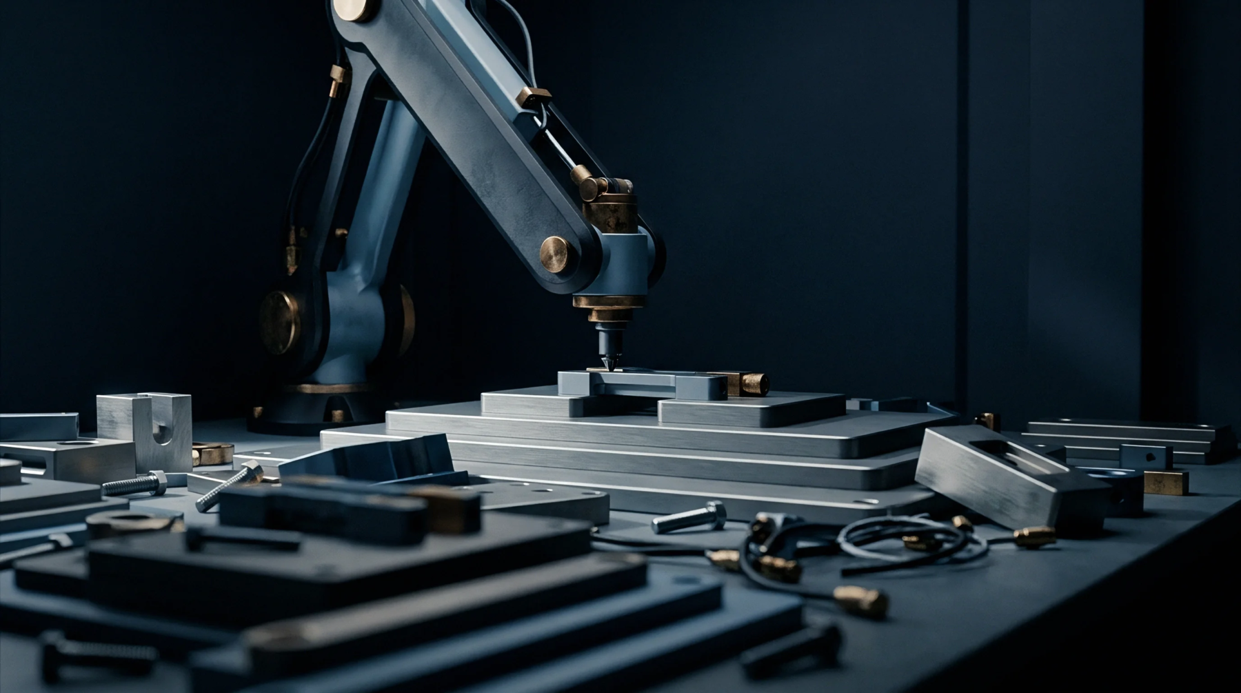 Digital rendering displays an automated robotic arm positioned above machined metal components on an assembly workbench inside a factory workspace.