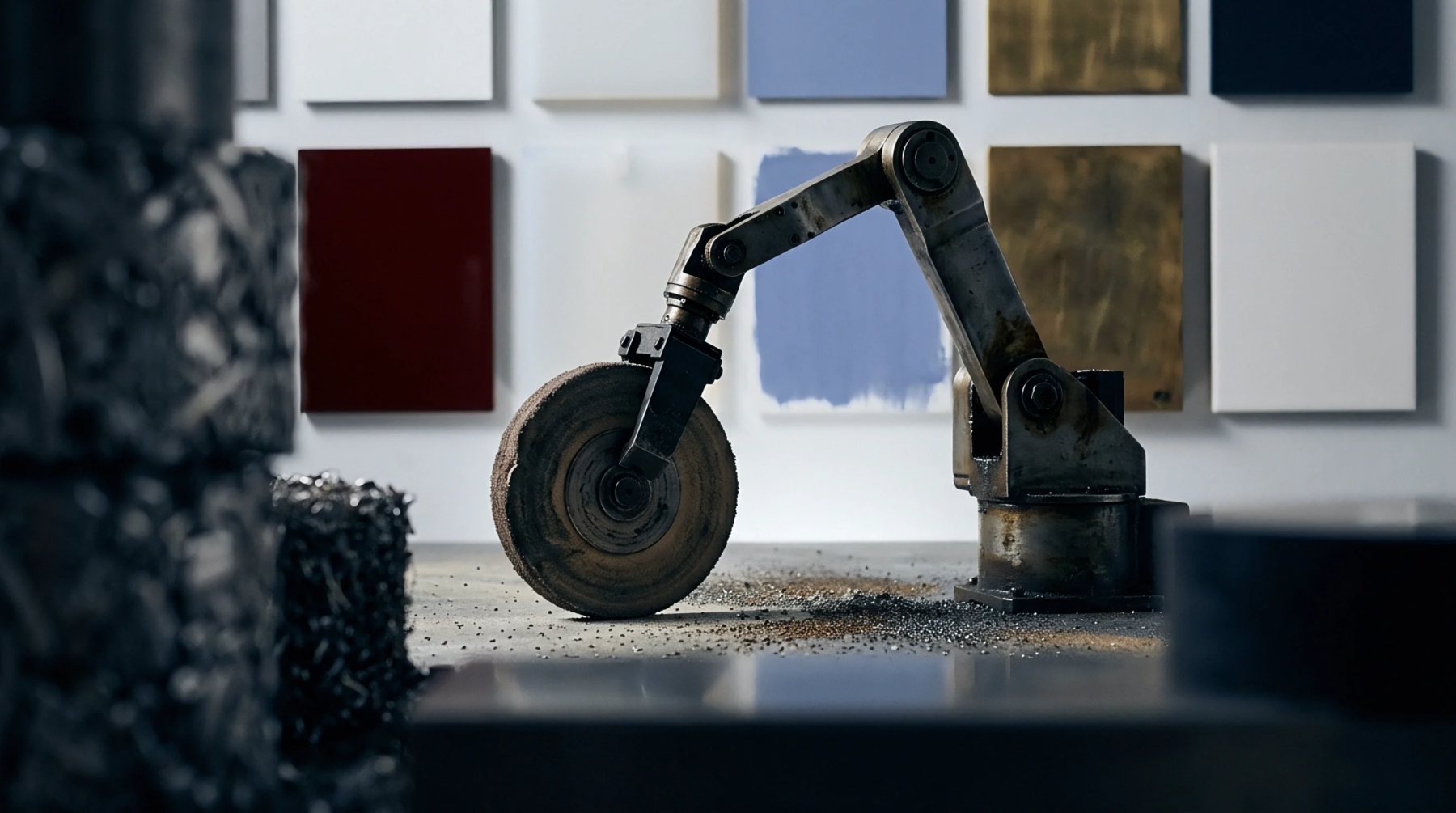 Mechanical testing arm with an abrasive wheel stands on a workshop floor beside scattered metal debris and material sample panels.