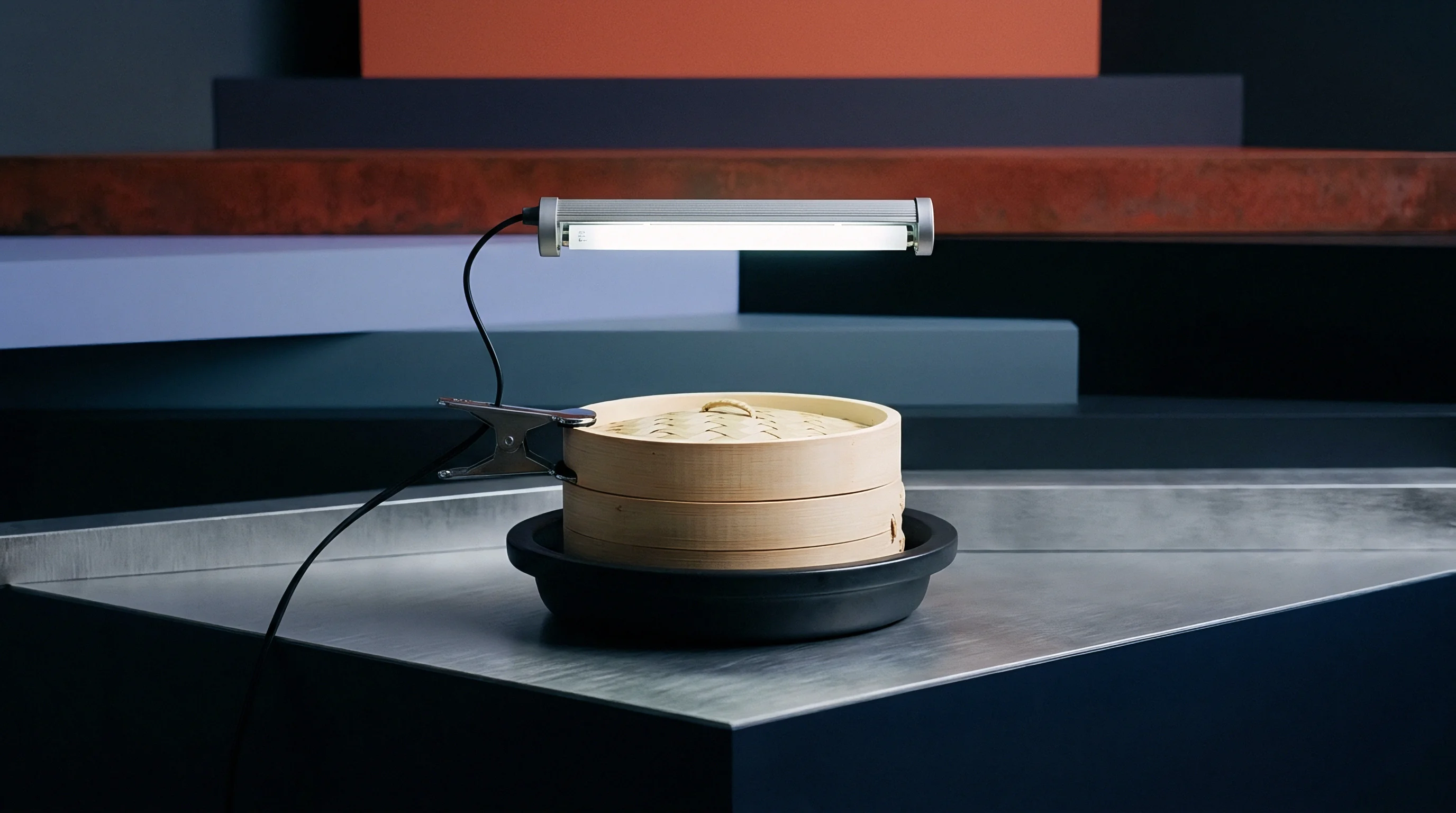 Tiered bamboo steamer unit on a dark ceramic dish sits beneath a specialized linear lamp clamped to the side on metal surfaces.