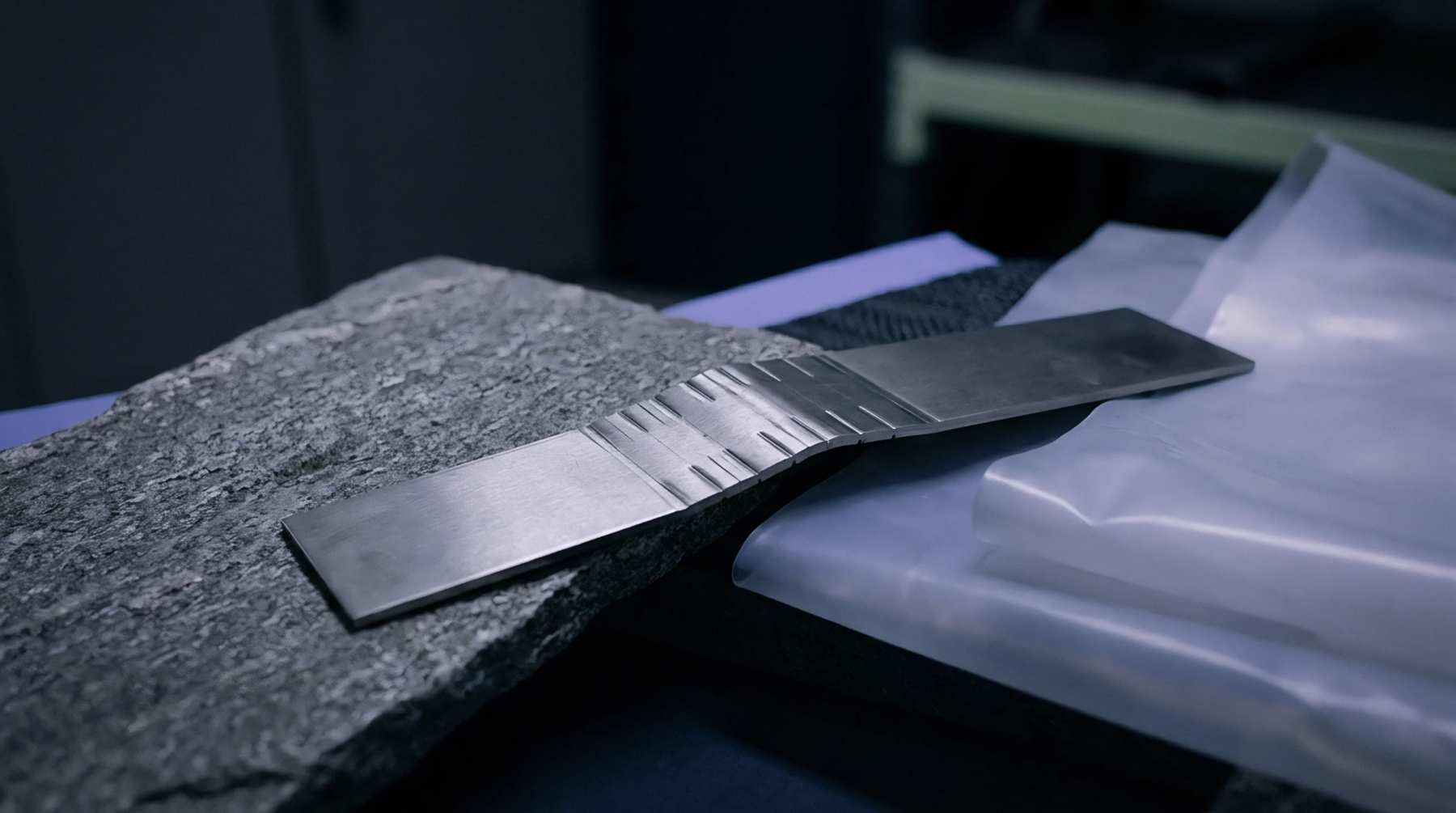 A bent metallic strip displaying precision machining marks rests on a textured stone slab with translucent material in the background.