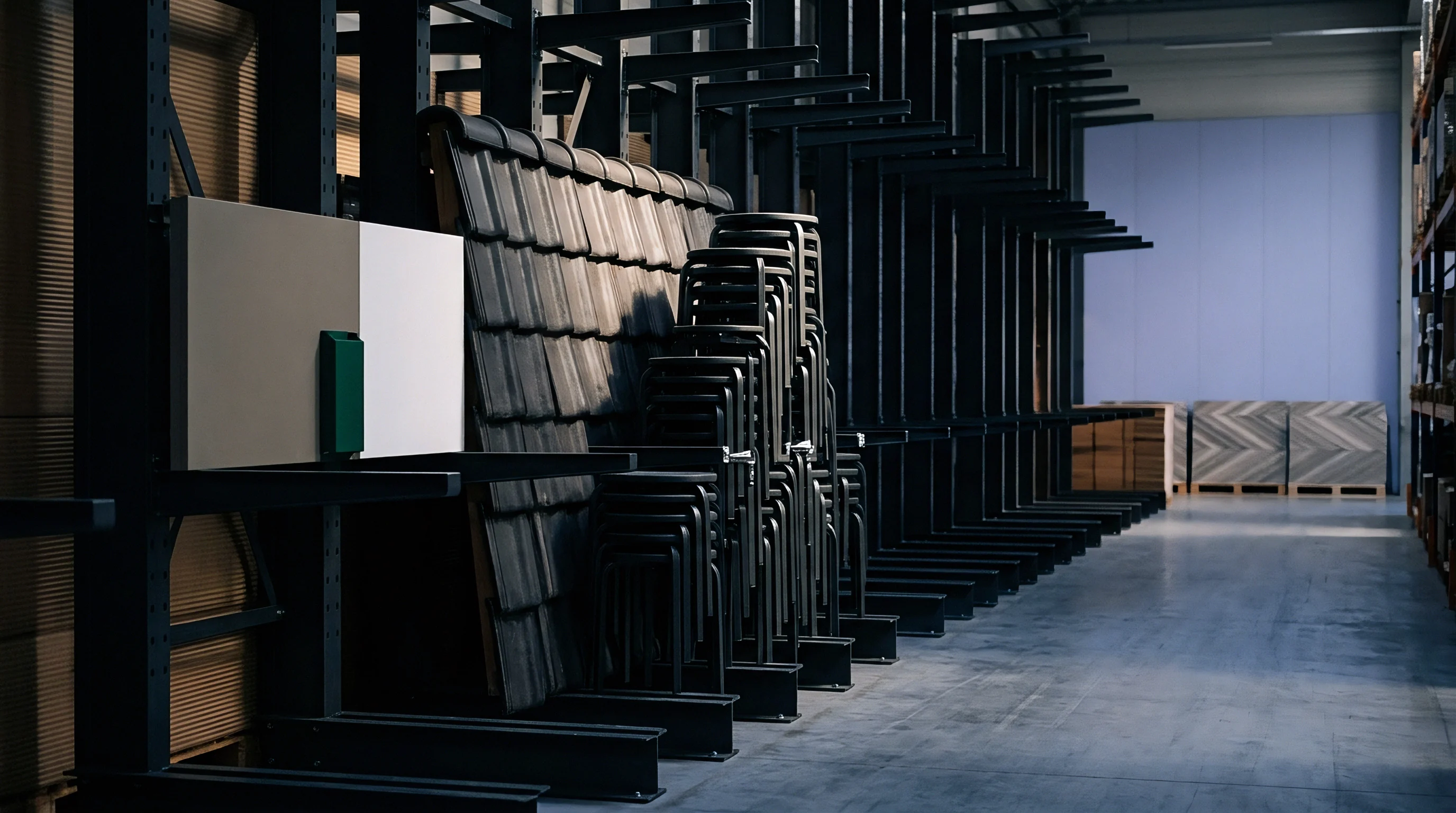 Heavy cantilever racks organize building materials and stacked metal chairs inside a large industrial manufacturing warehouse facility.