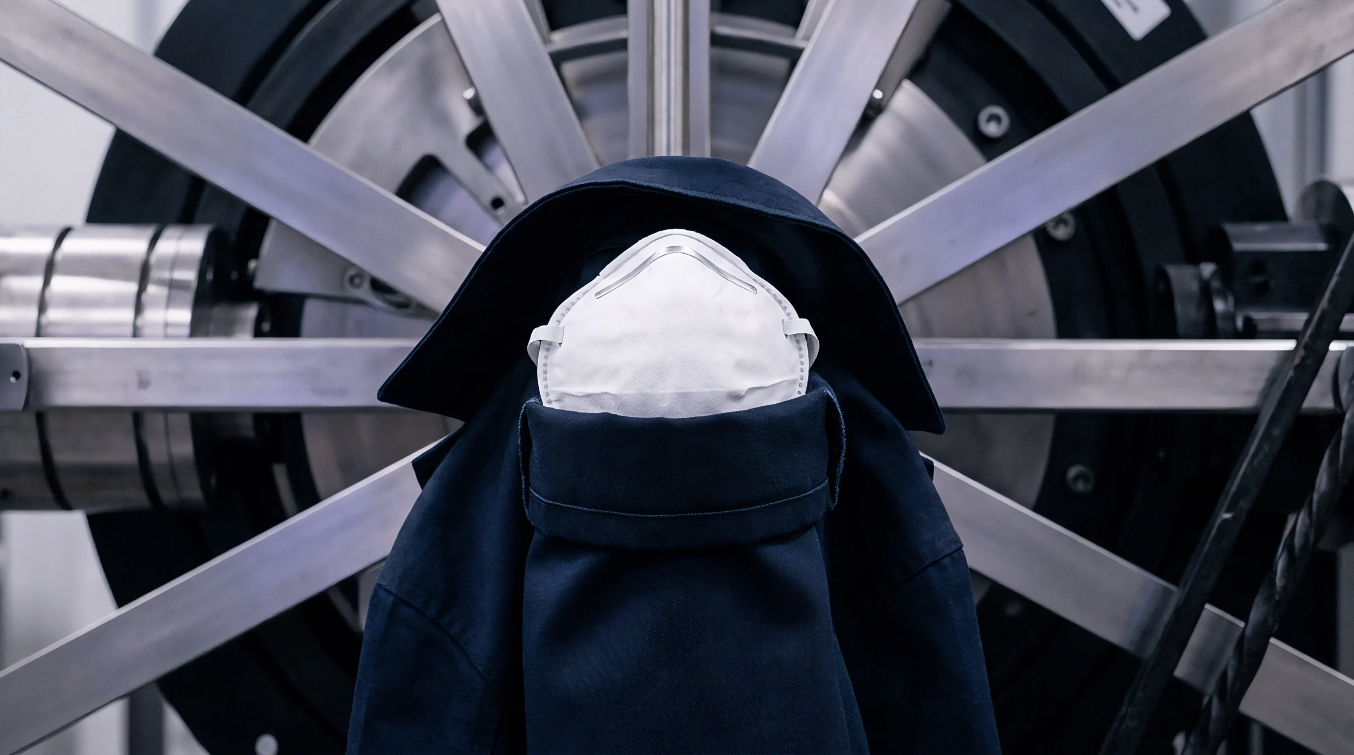 A blue work jacket and white respirator mask hang over a heavy steel industrial valve inside a manufacturing plant.