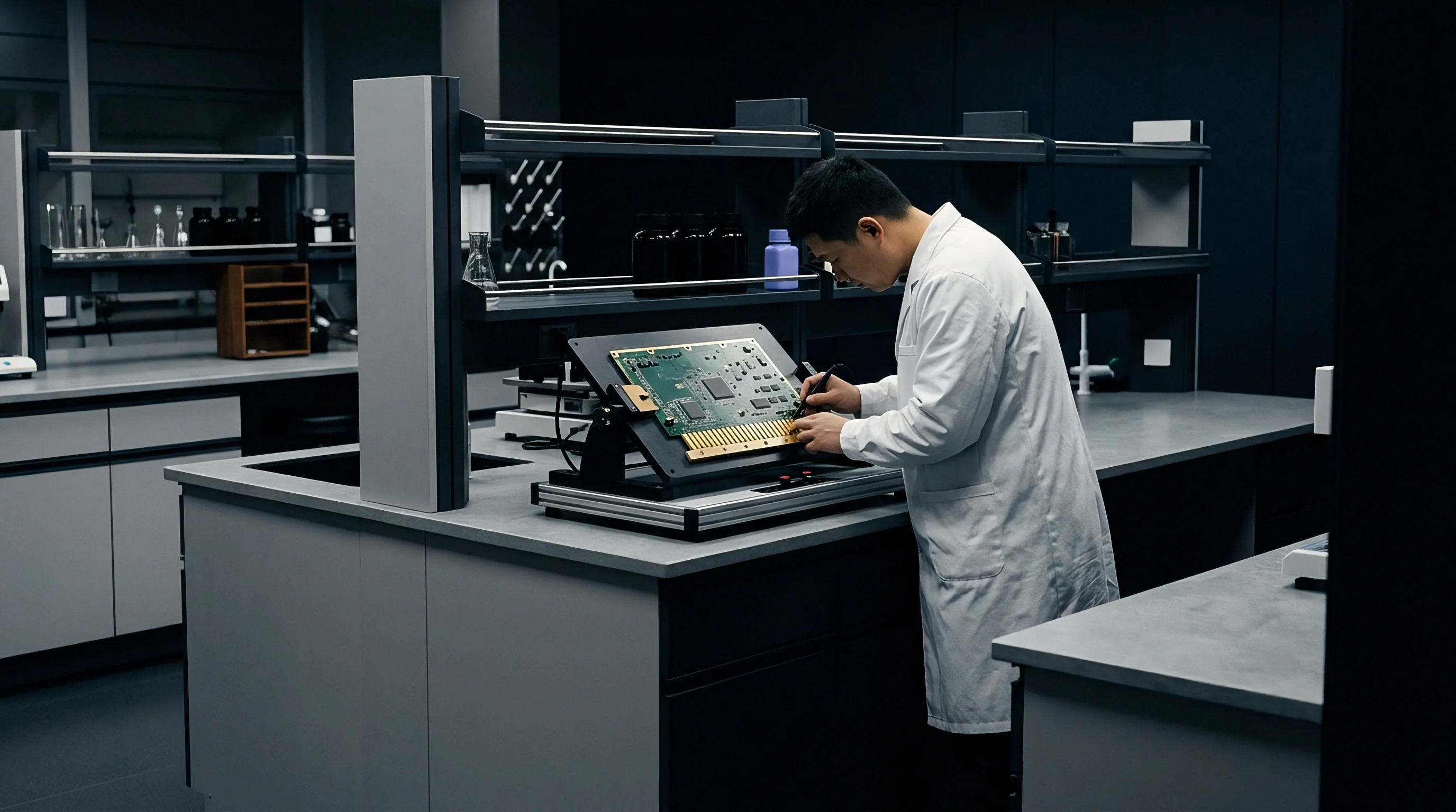Factory technician inspects populated printed circuit board mounted on adjustable test fixture inside dark industrial electronics laboratory.