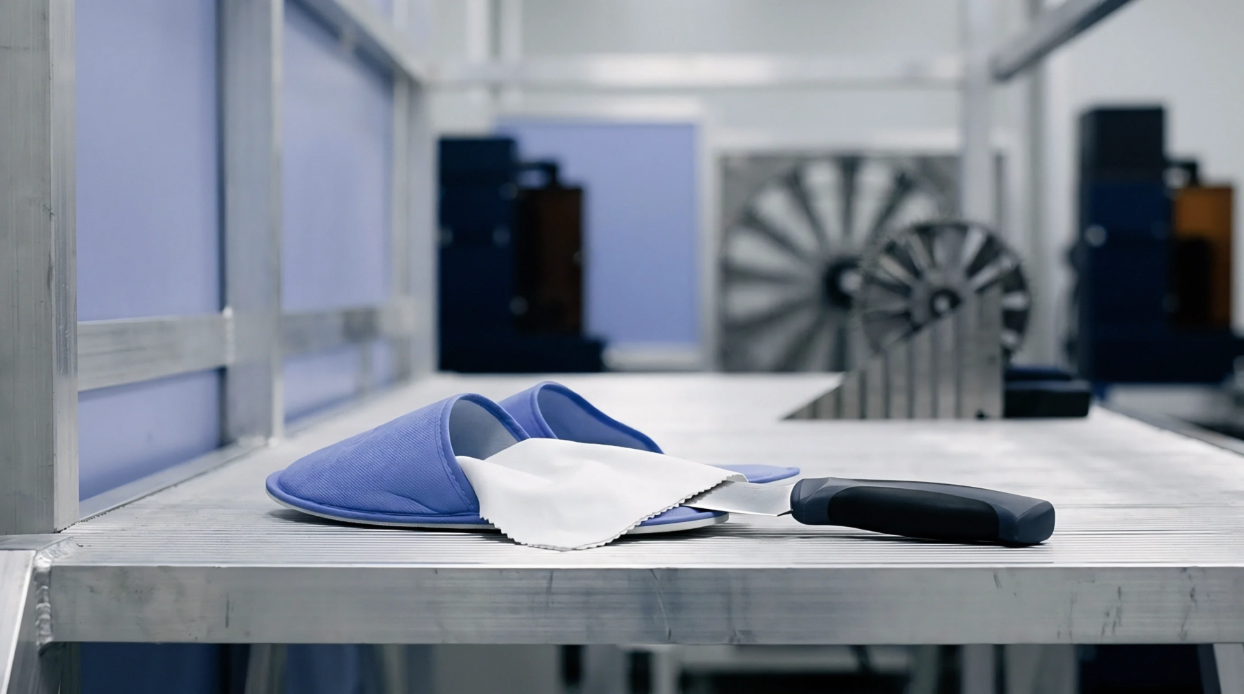 Protective footwear and a precision wiping cloth rest beside a utility blade on an aluminum workbench inside a controlled industrial cleanroom.