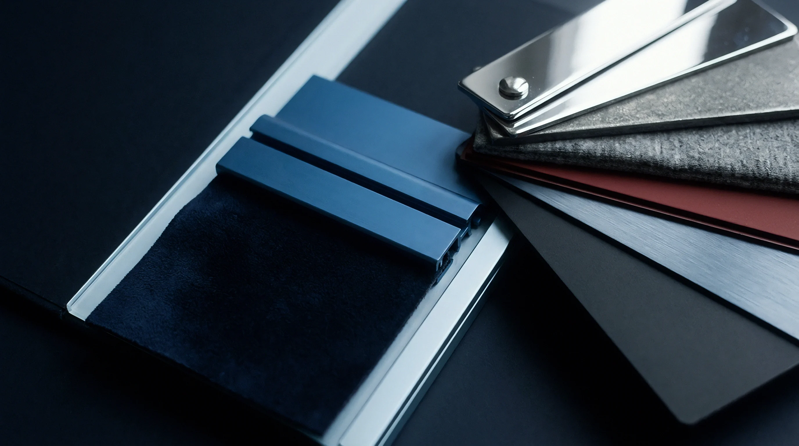 Material finish samples and textured fabric swatches rest inside an industrial design binder on a dark workstation surface.