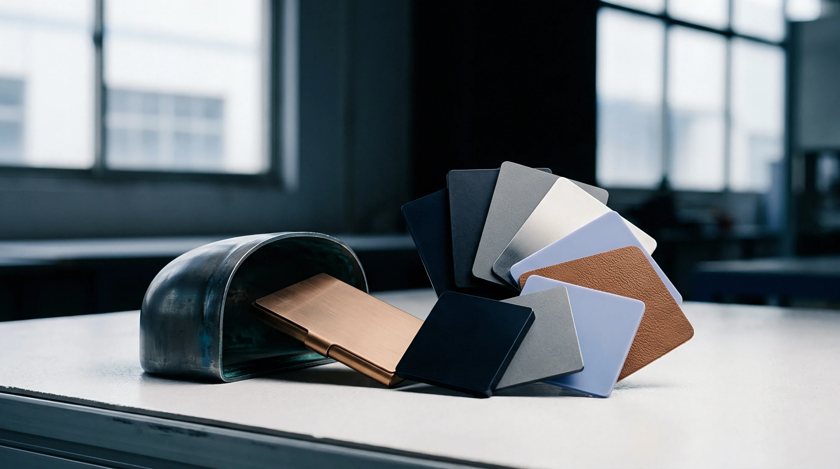 Industrial metal components and assorted surface finish swatches rest on a clean workbench inside a manufacturing facility with large windows.