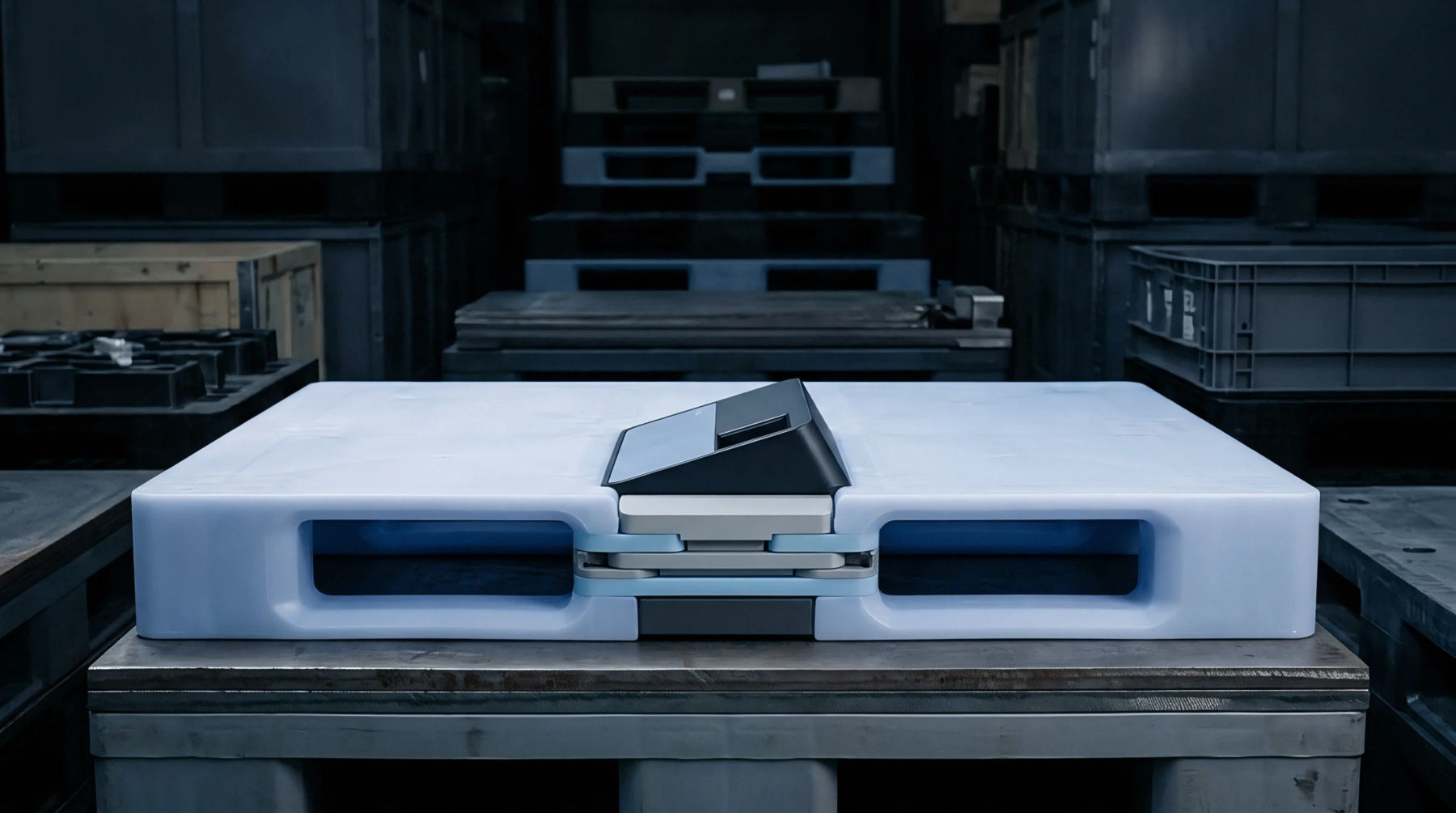 A blue polymer industrial pallet featuring an embedded tracking module rests upon a steel platform inside a dimly lit manufacturing warehouse.