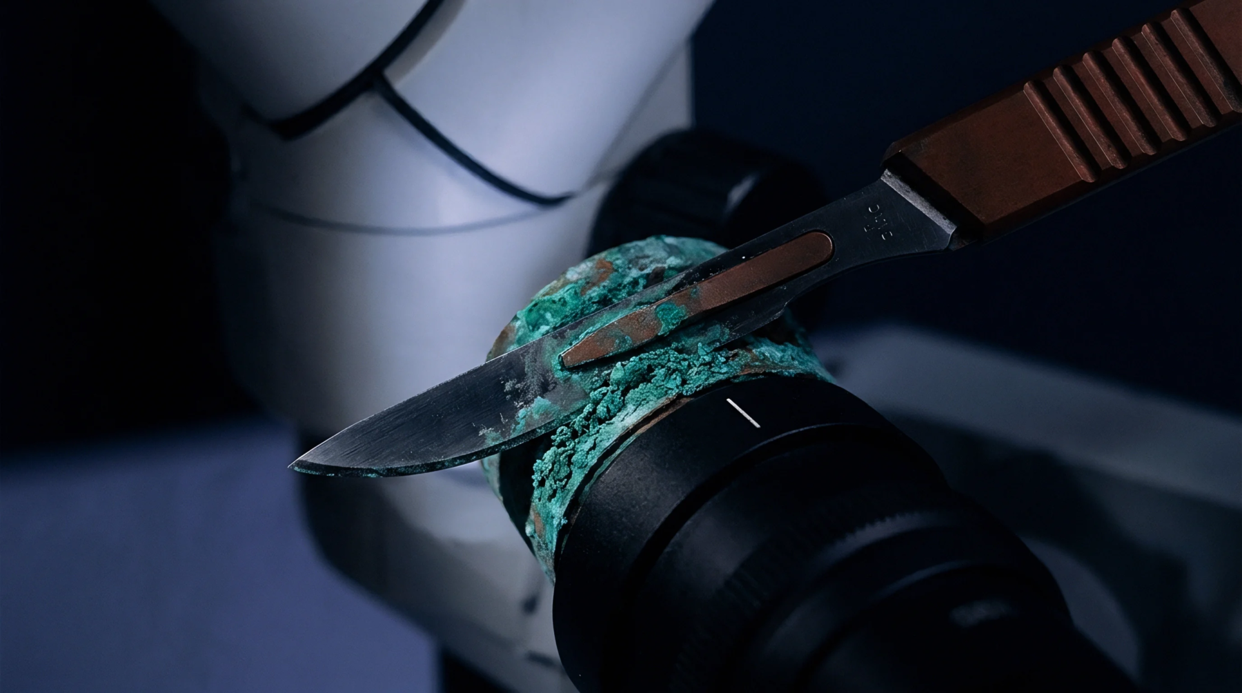 A precision scalpel scrapes accumulated green oxidation residue from a degraded metal component inside a technical testing laboratory.