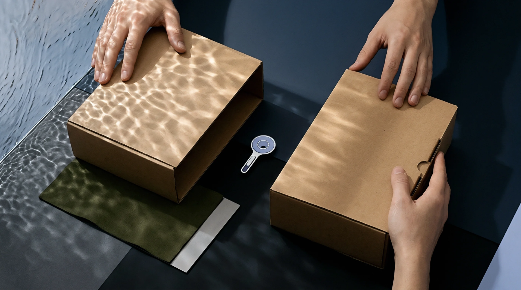 Two hands examine corrugated cardboard packaging boxes alongside fabric material samples on a dark workshop table featuring water ripple reflections.