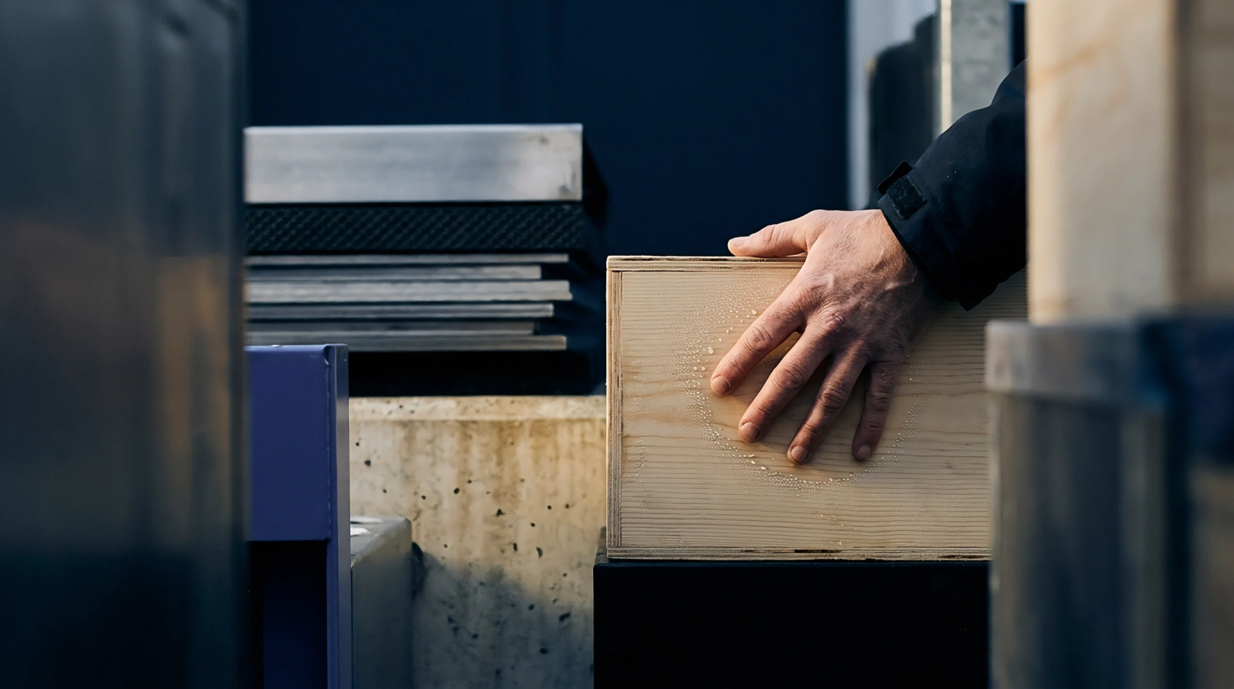 An industrial worker inspects a wooden export crate with moisture testing droplets inside a dimly lit warehouse distribution center.