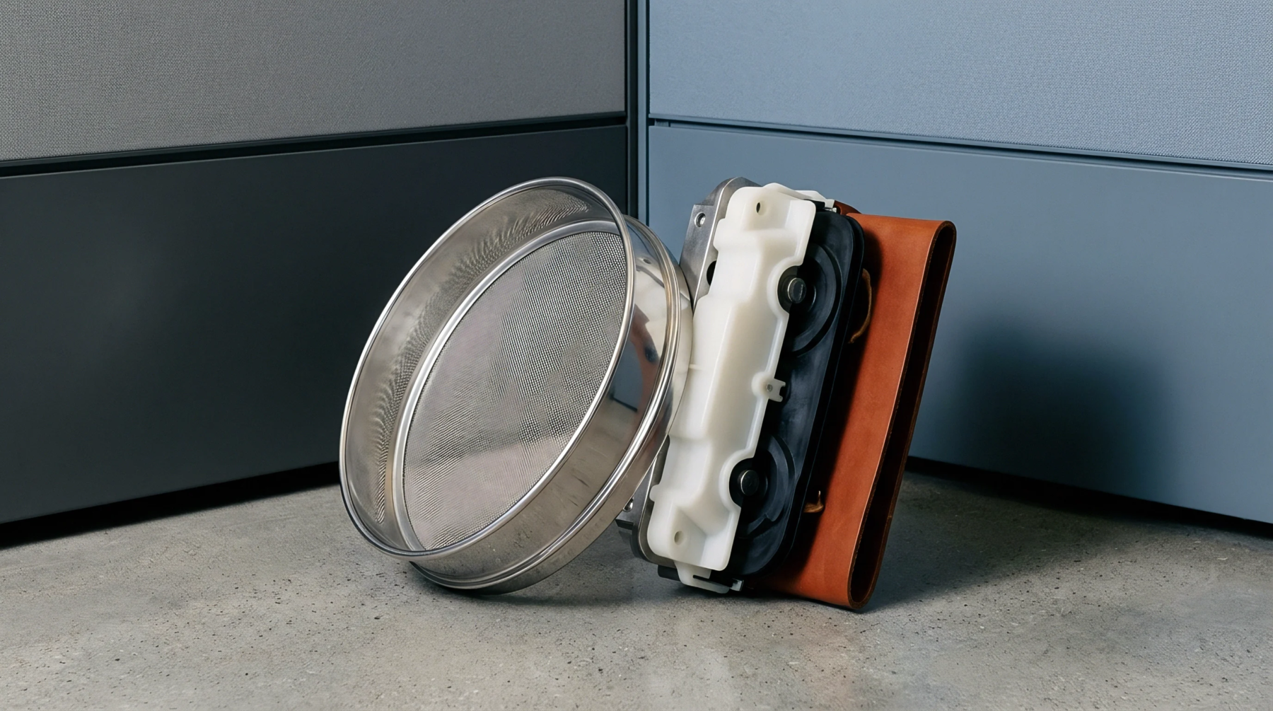 A stainless steel mesh sieve stands next to a molded plastic mechanical assembly and a leather folder resting on a concrete factory floor.