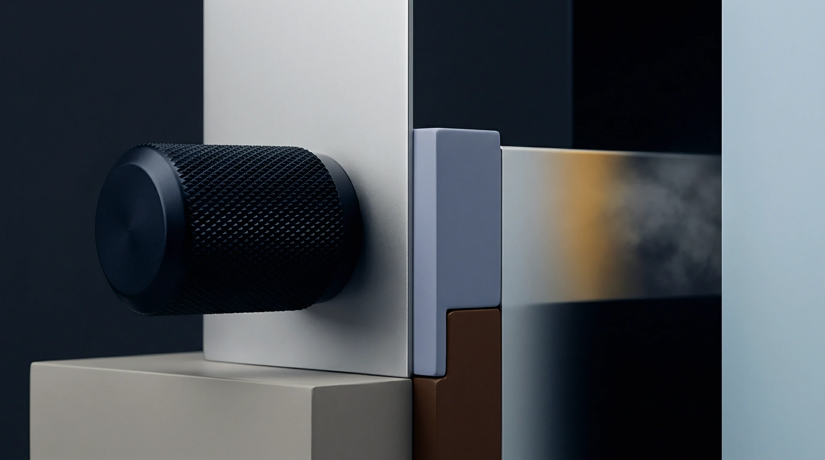 A digital render shows a black knurled metal control knob attached to a vertical brushed steel plate beside interlocking structural blocks.