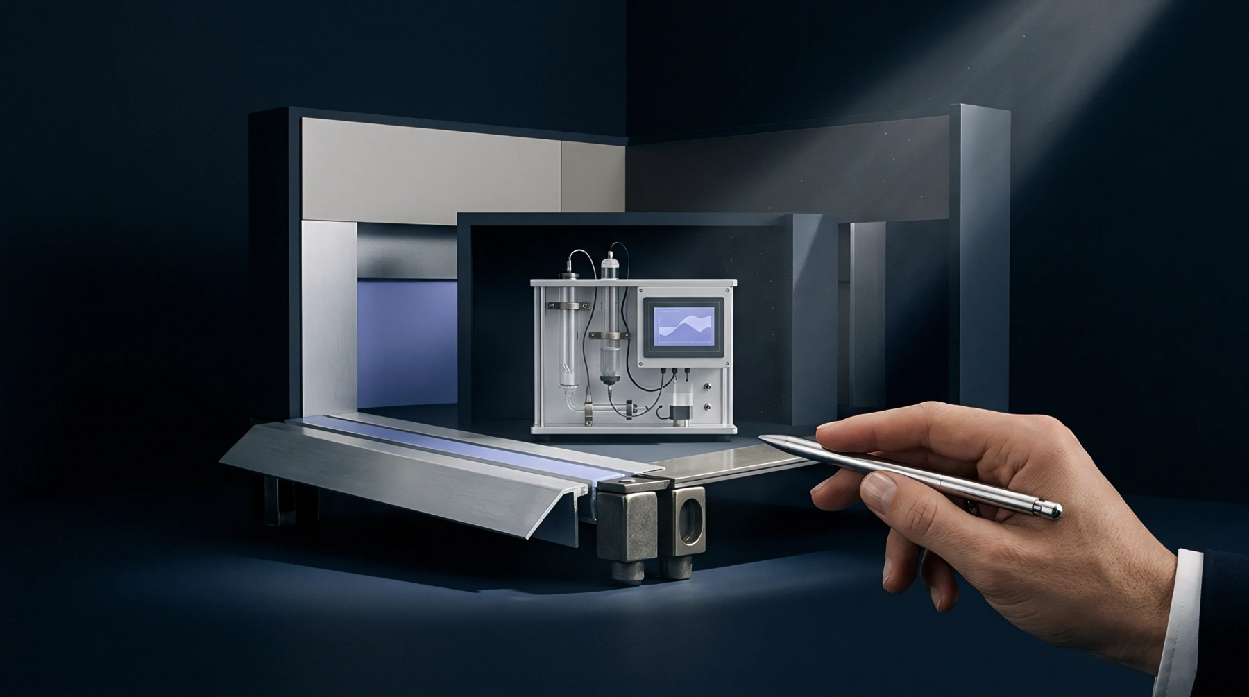 A digital render frames a modular assembly line segment alongside a glass testing apparatus and a human hand holding a stylus.
