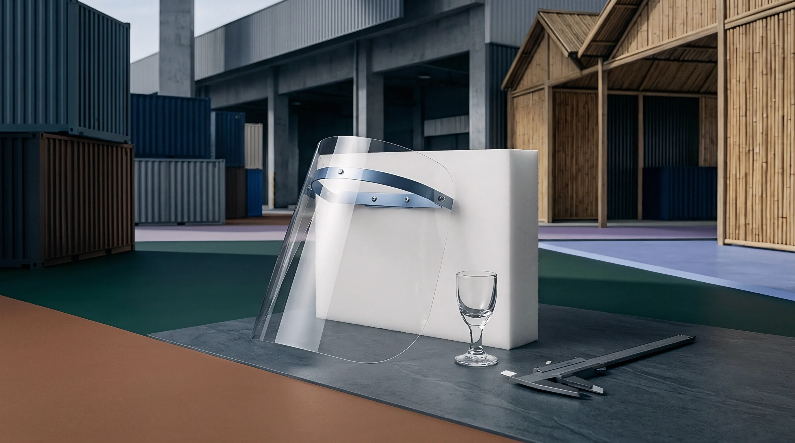 Computer generated illustration presents a polymer face shield and metal caliper gauge arranged on a dark workbench before industrial shipping containers and timber structures.