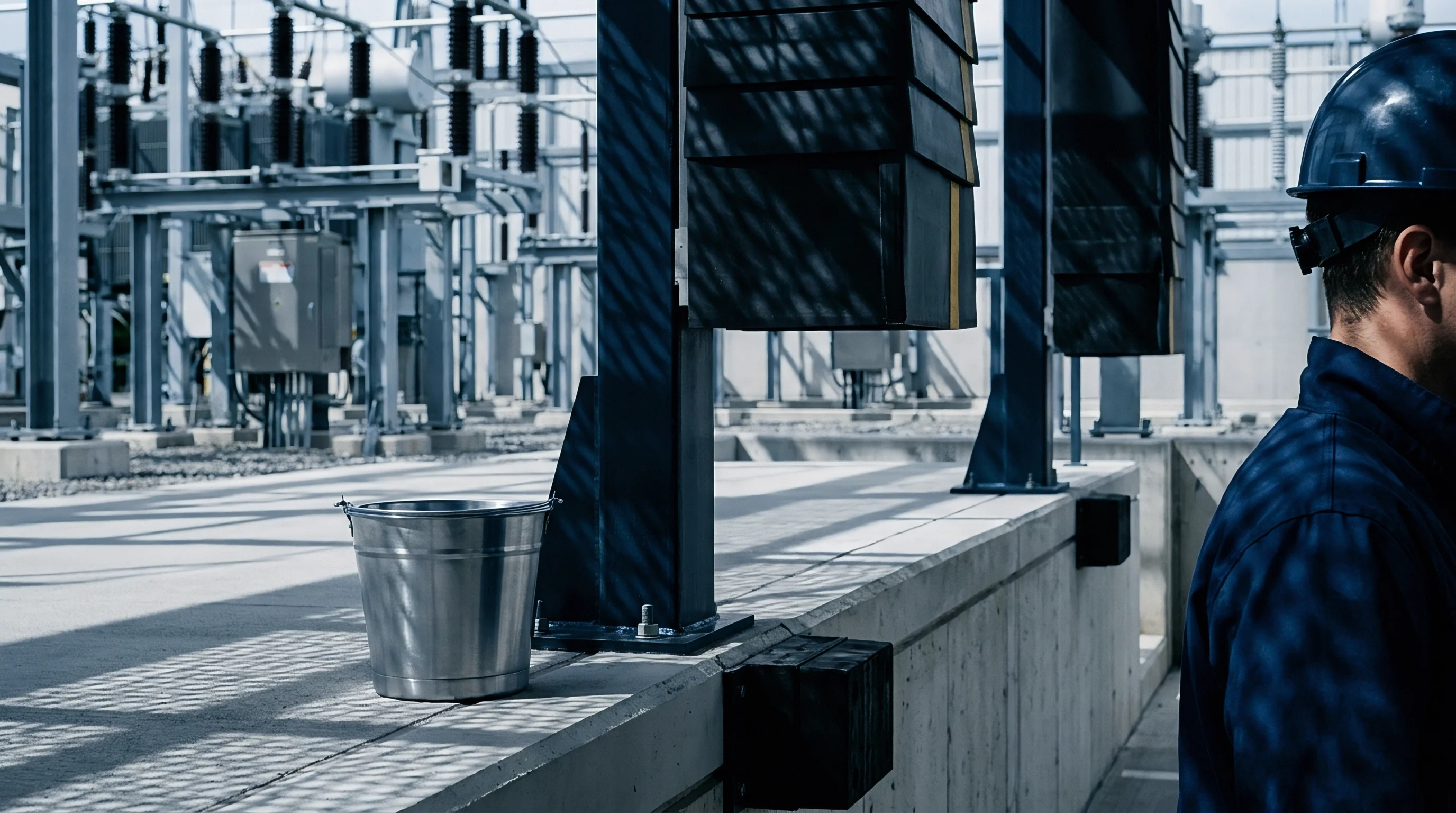 An industrial plant worker wearing protective gear inspects outdoor electrical infrastructure beside concrete foundations and heavy machinery.