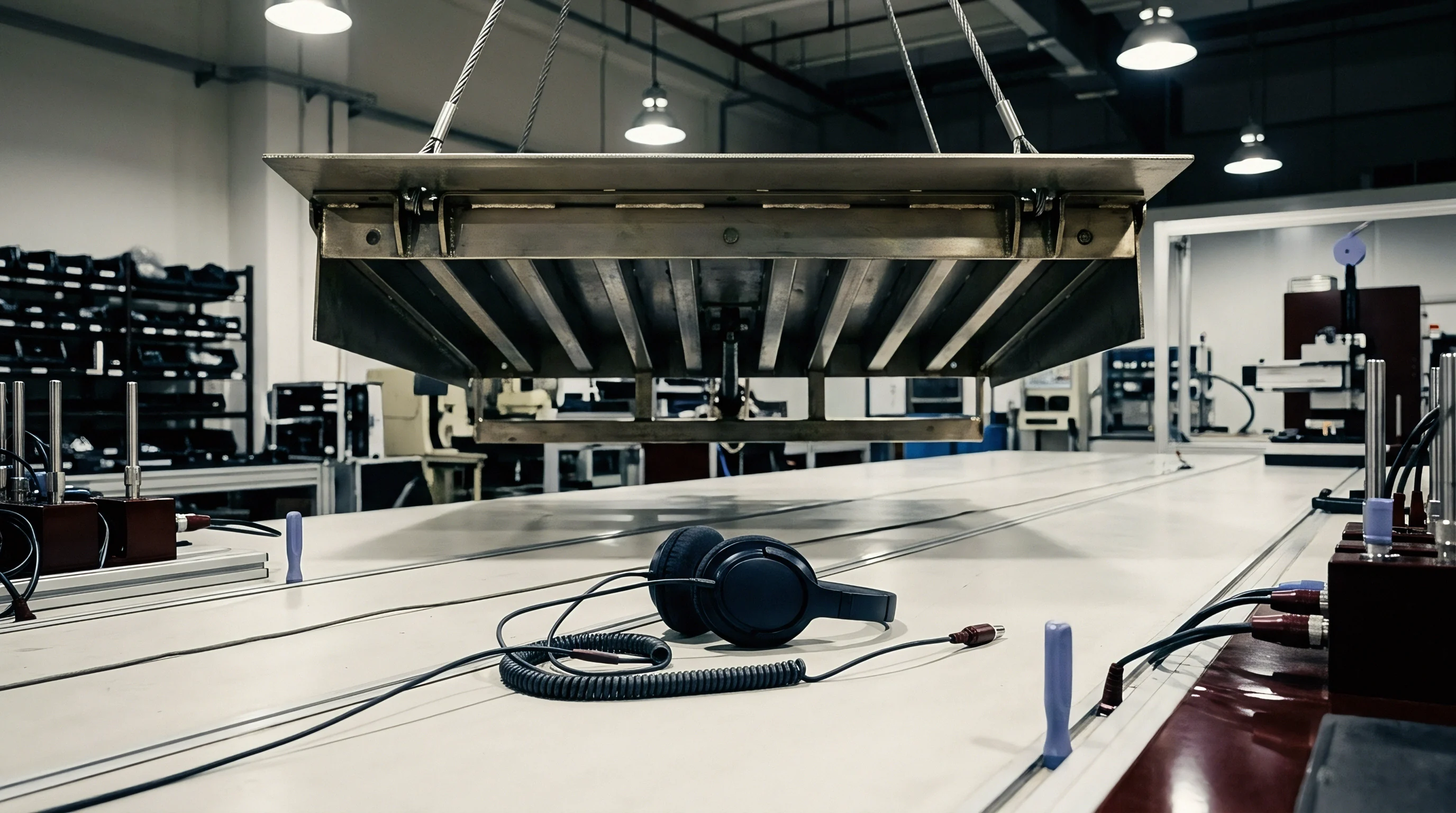 A heavy steel suspension fixture hangs above a workbench holding audio headphones and testing equipment inside a manufacturing plant.