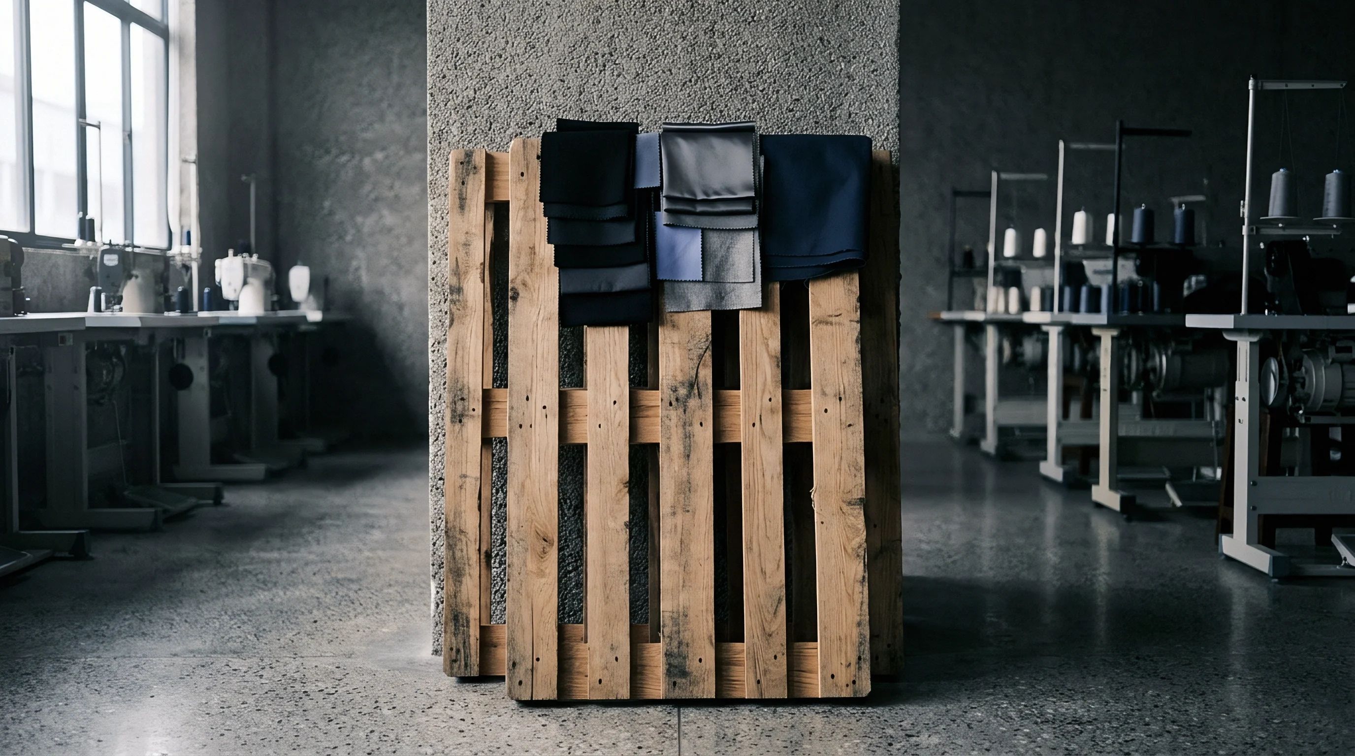 Assorted fabric material swatches rest over a wooden pallet positioned beside a concrete pillar inside a textile manufacturing workshop.