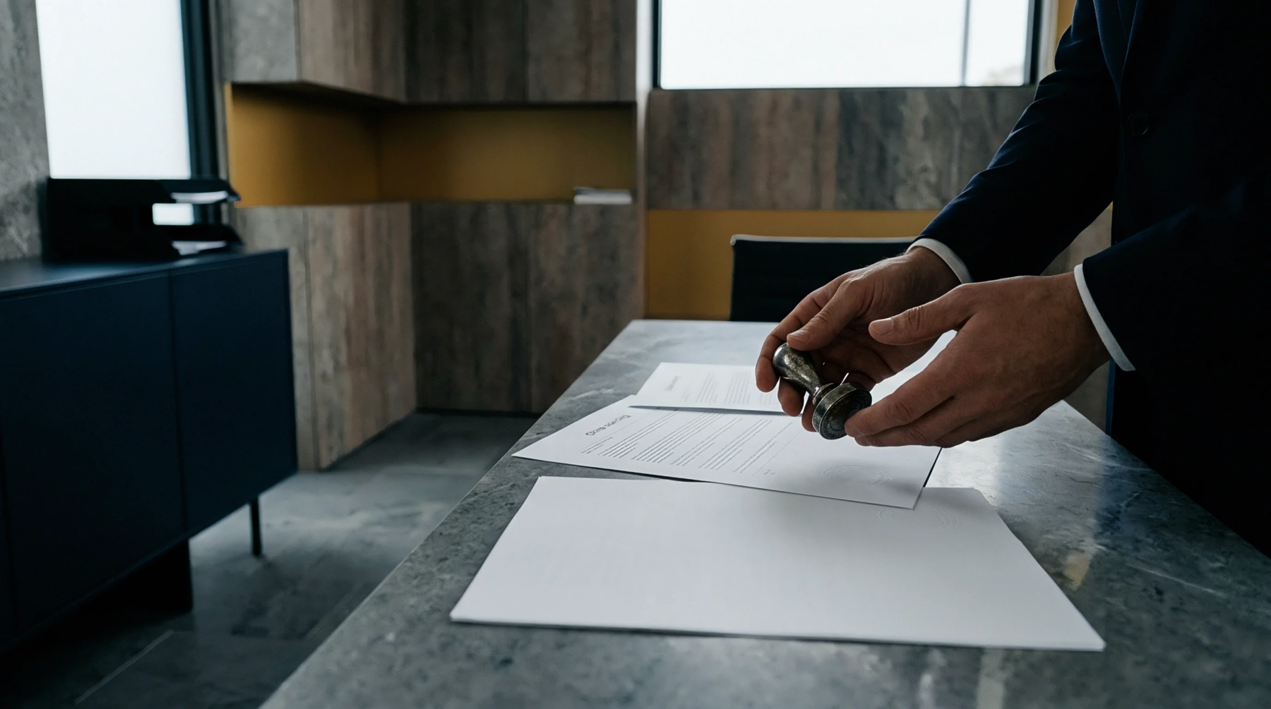 An auditor in a business suit holds a metal stamp above quality certification documents on a gray stone office table.