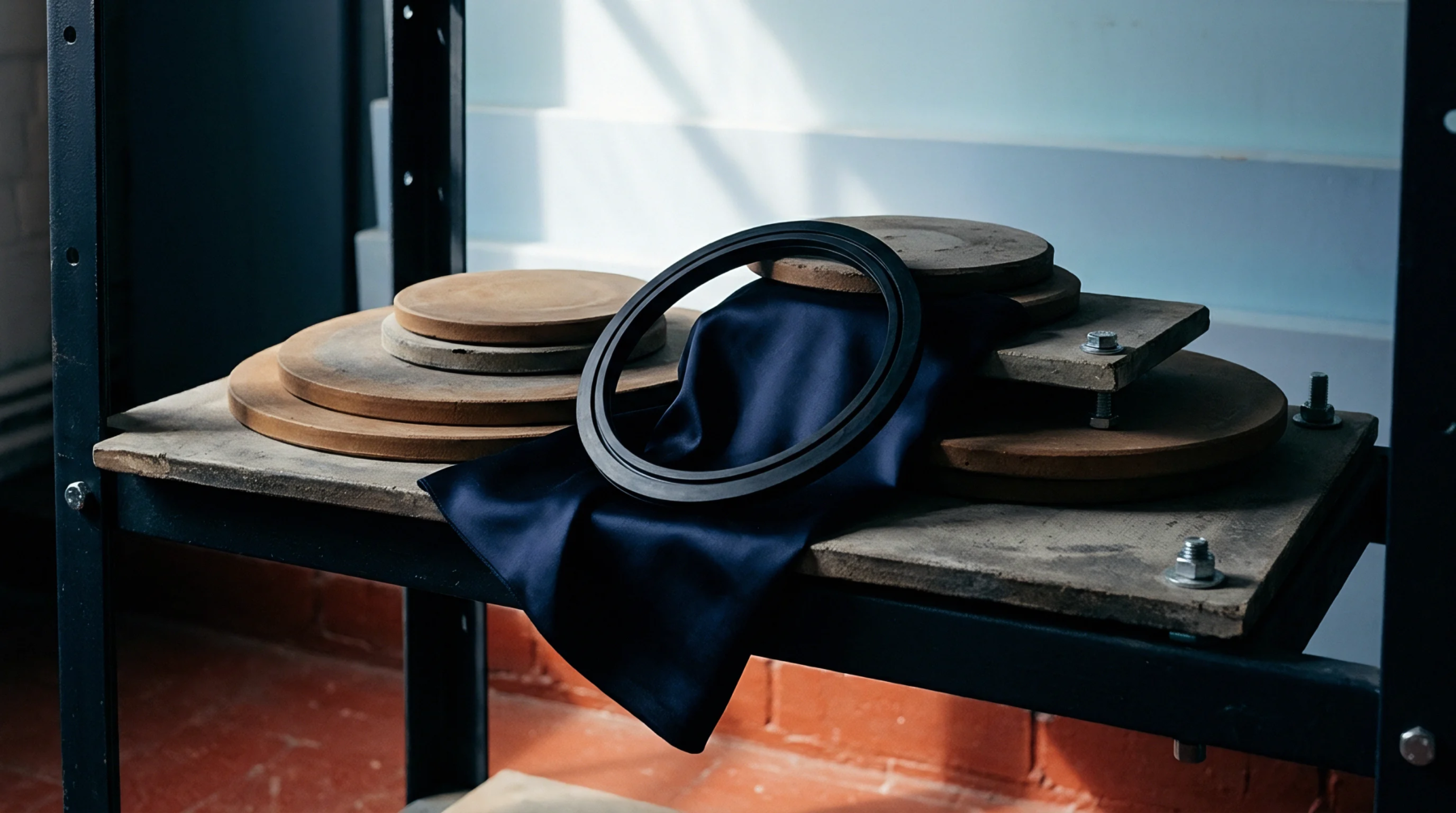 Factory shelving unit holds stacked ceramic discs and a rubber seal resting on fabric near industrial fasteners.