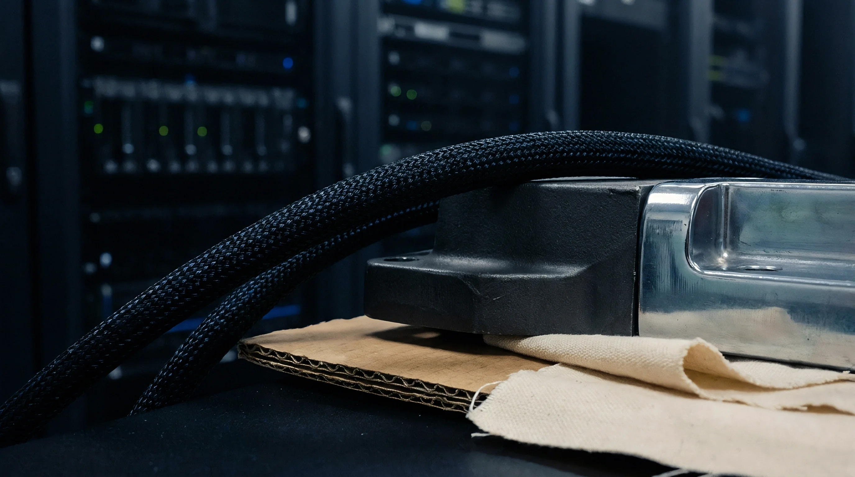 A braided nylon cable lies across a machined metal and cast iron mechanical part placed on corrugated cardboard inside a production facility.