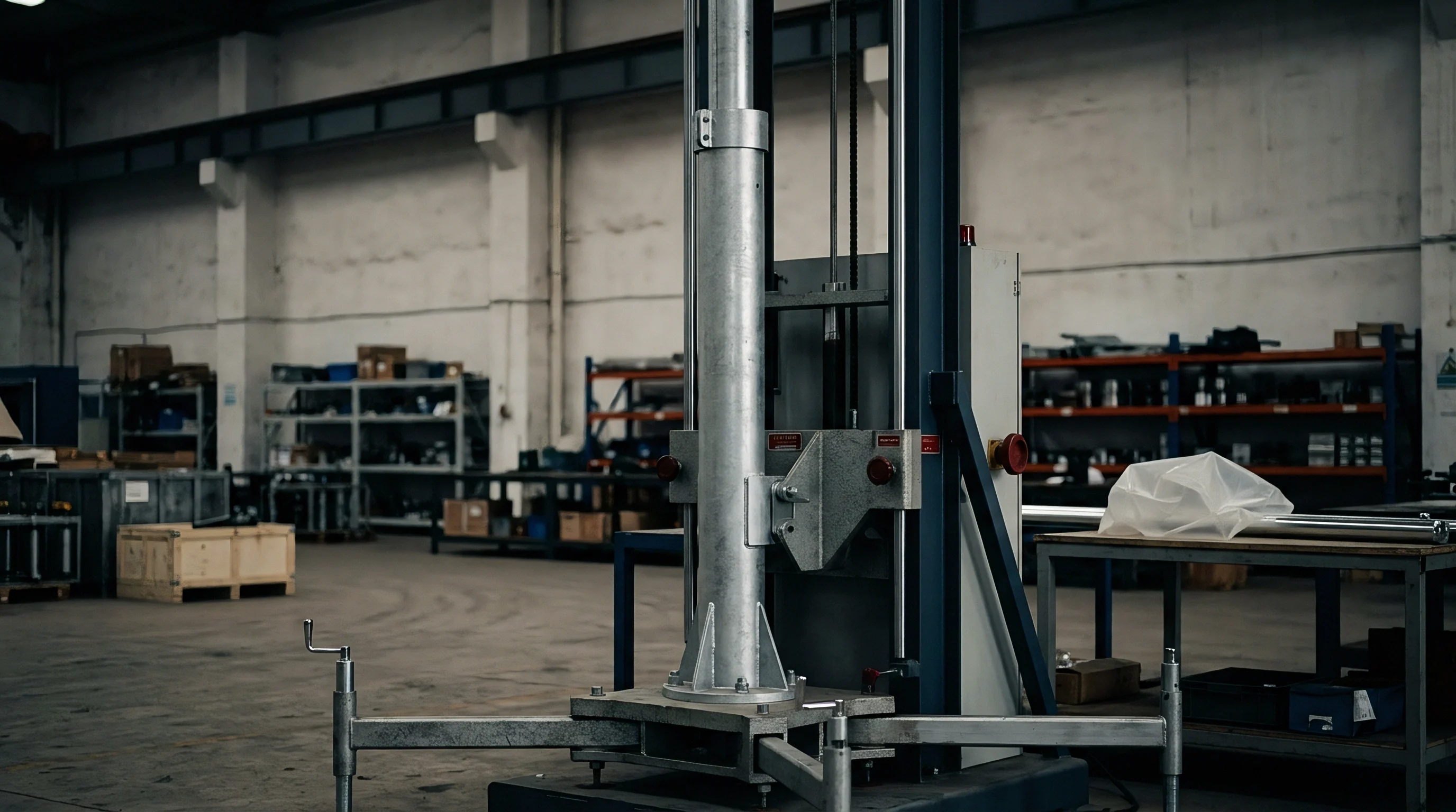 Galvanized steel testing machinery stands upright on concrete floors inside active manufacturing plants equipped with component storage shelving.