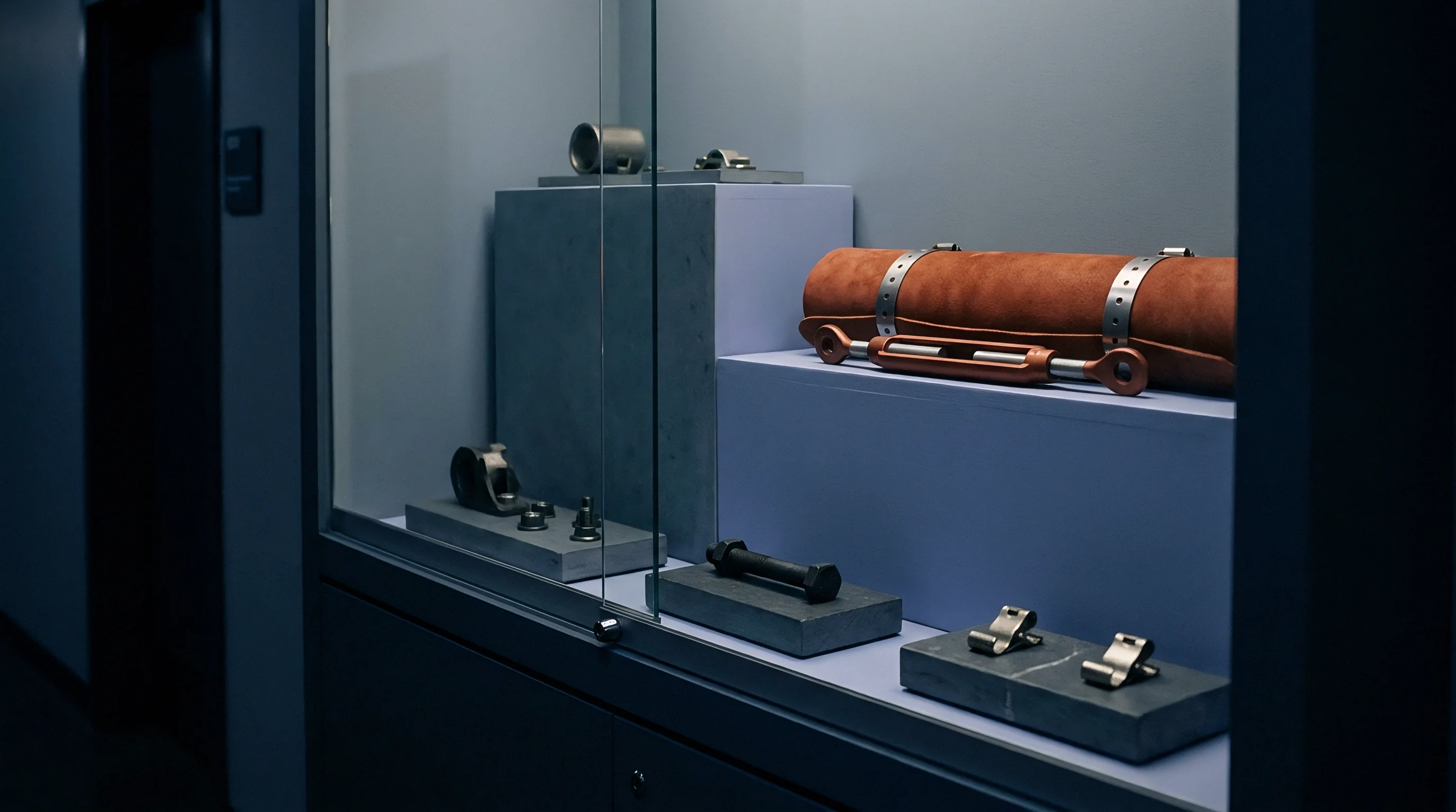 Various metal machine parts and a rolled textile sample rest inside a glass exhibition case situated within a manufacturing facility corridor.