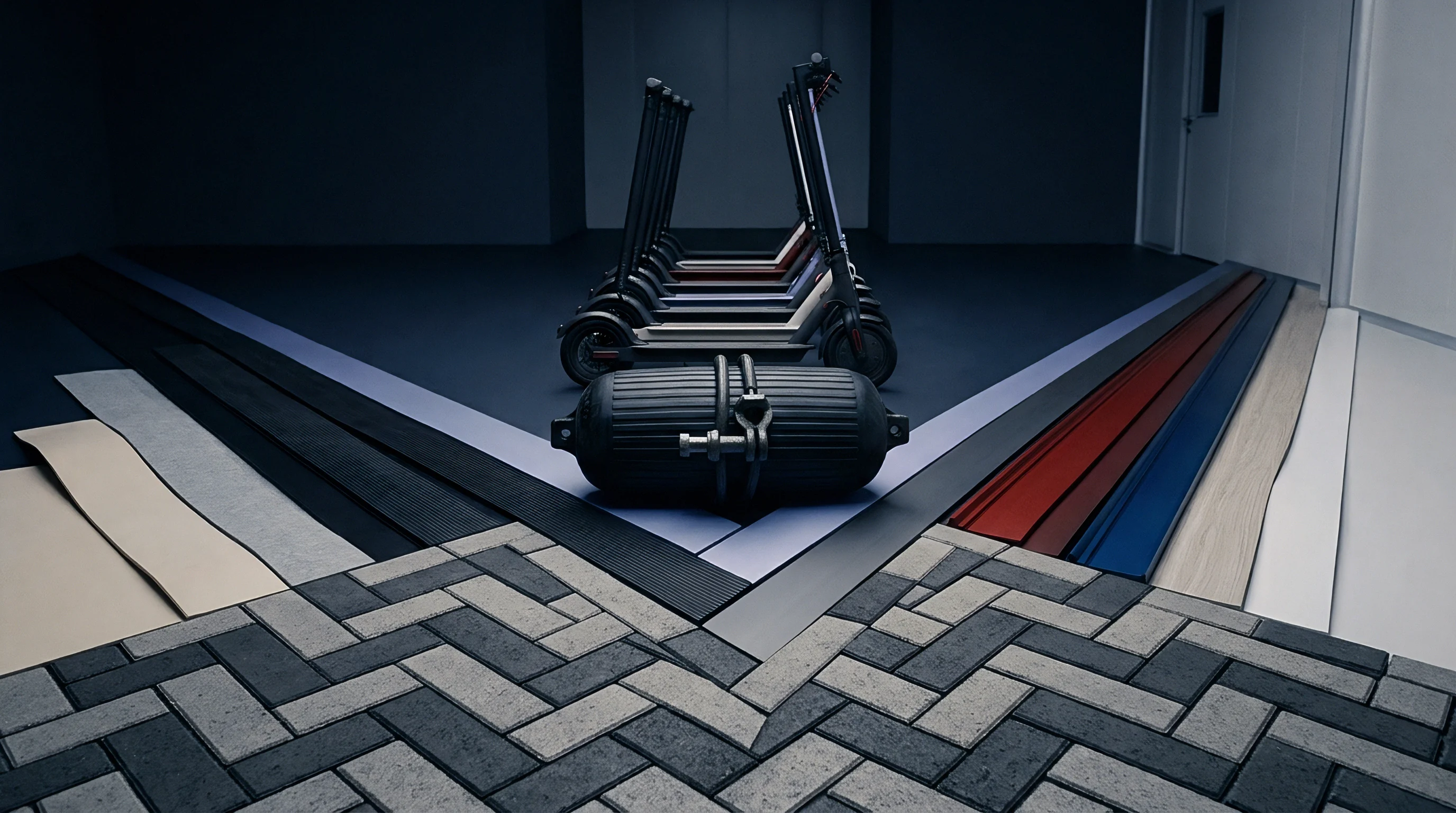 Industrial flooring samples and assembled electric kick scooters rest on a dark production facility floor during component inspection.