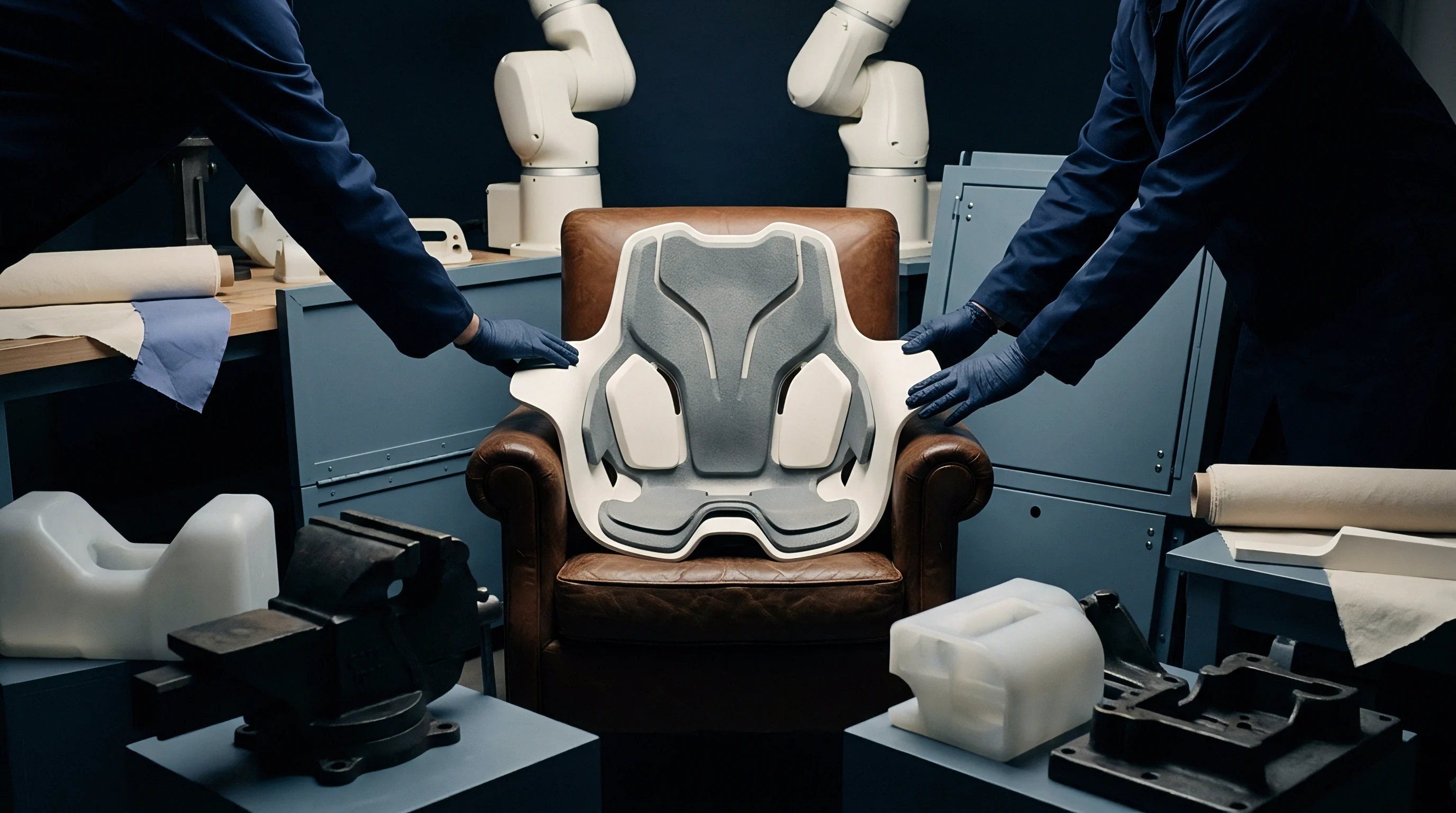 Two assembly workers in blue uniforms examine an ergonomic molded component positioned on a leather chair inside a production workshop.