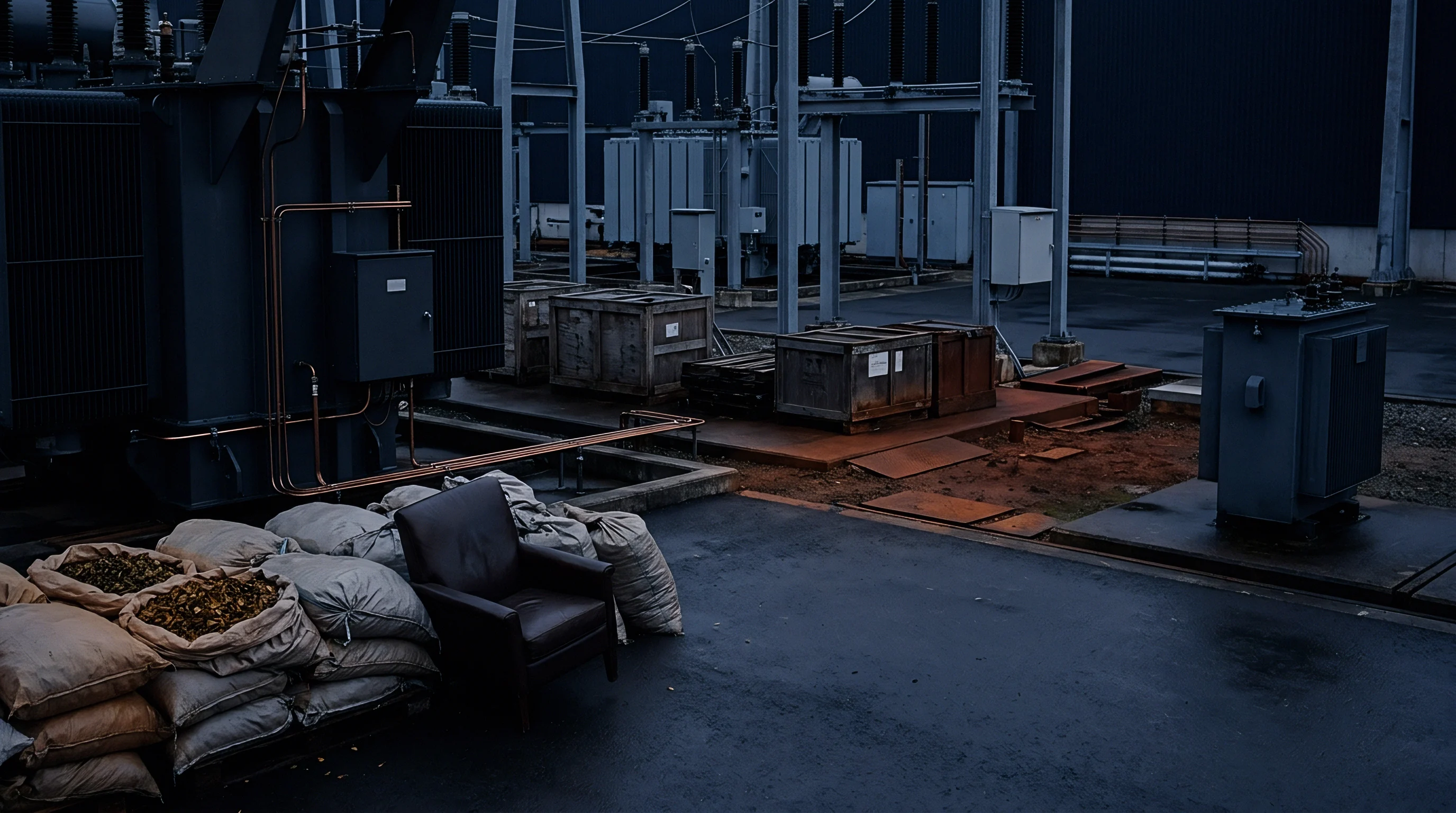 This outdoor industrial scene shows large electrical transformers, stacked wooden crates, and numerous filled sacks alongside a solitary armchair on a wet paved surface.