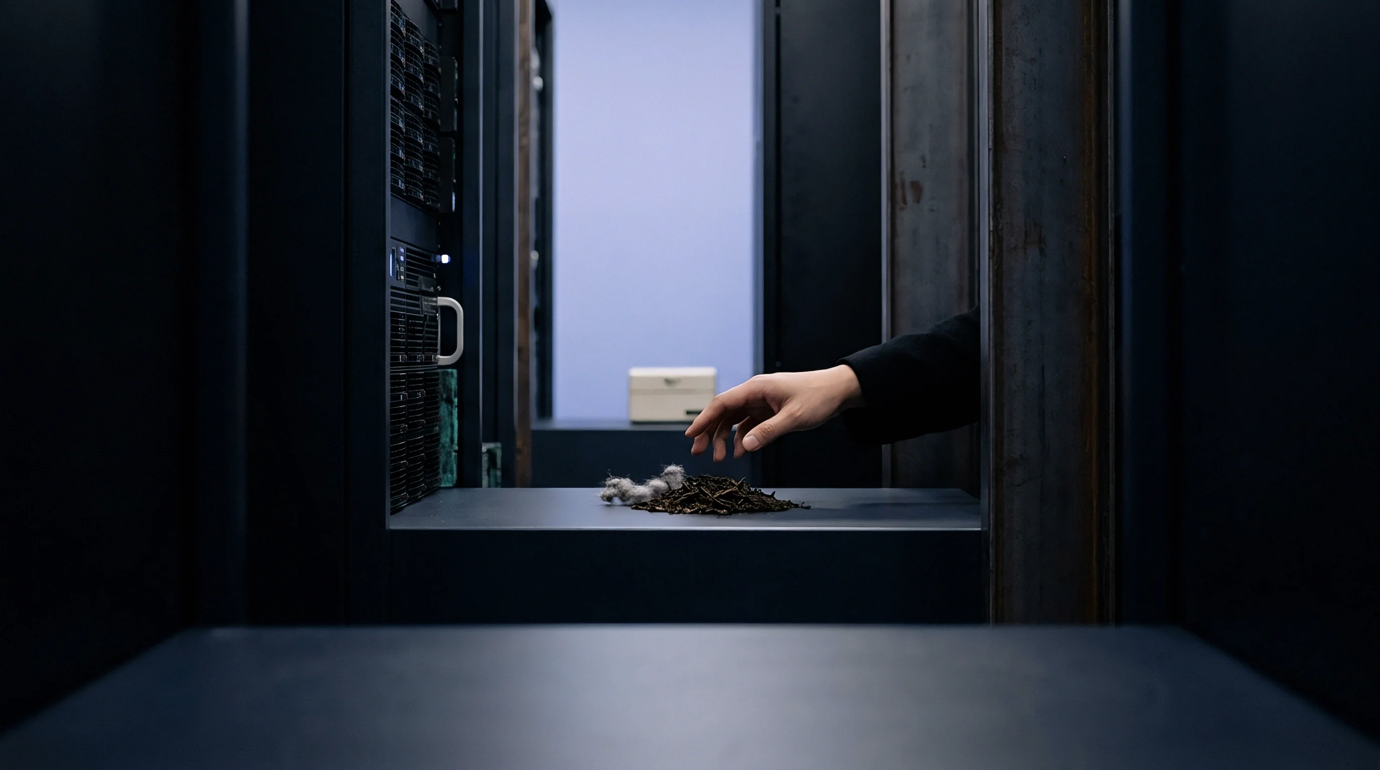 An operator examines organic debris and botanical material sampled from a metal surface within a high tech industrial facility corridor.