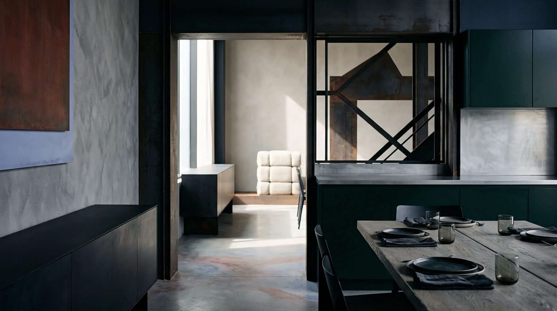 This sophisticated interior features a wooden dining table and dark green cabinetry viewed through a metal-framed architectural partition.
