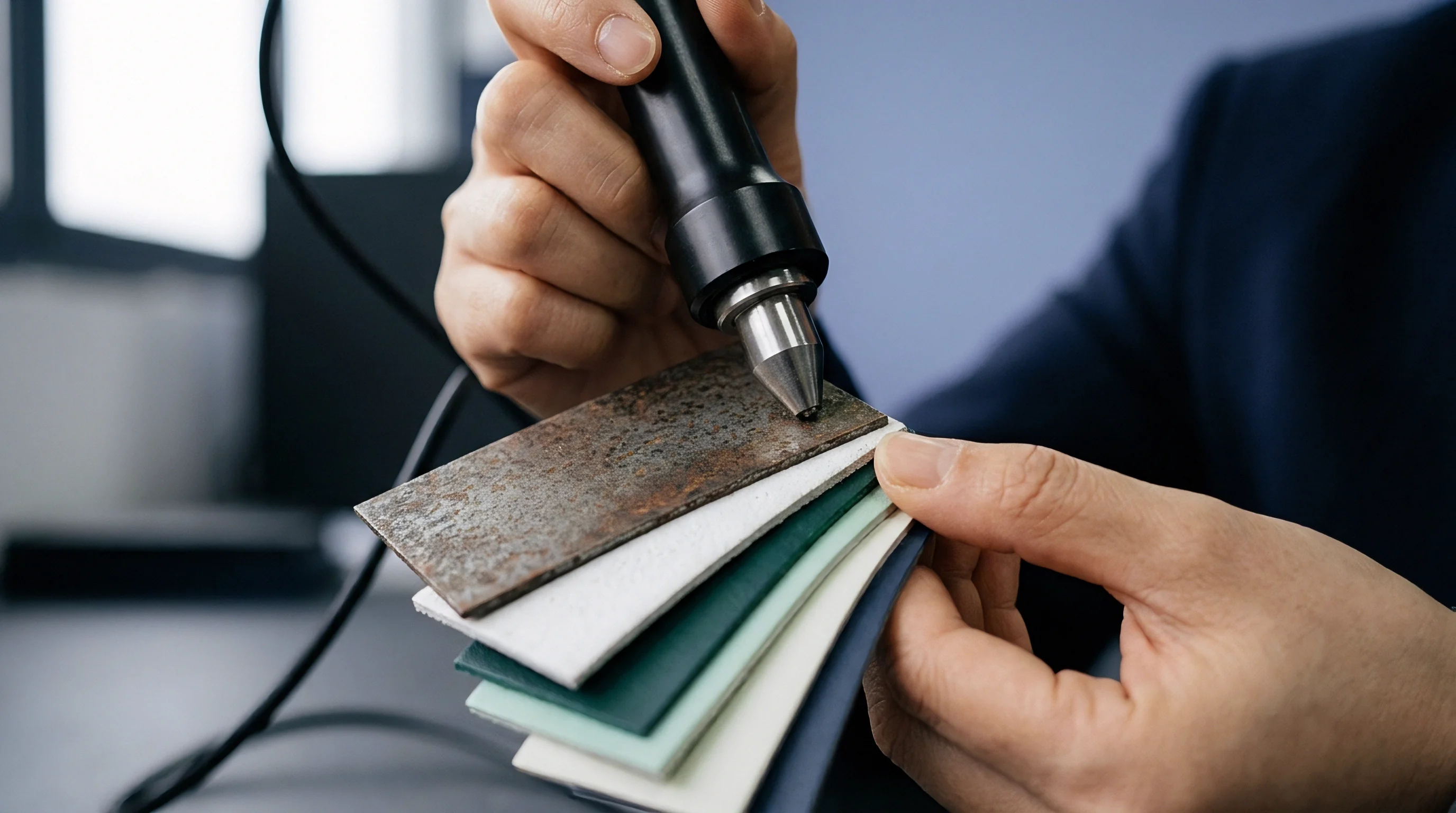 An inspector holds a fan of varied material swatches while applying a testing probe to a weathered metal plate.