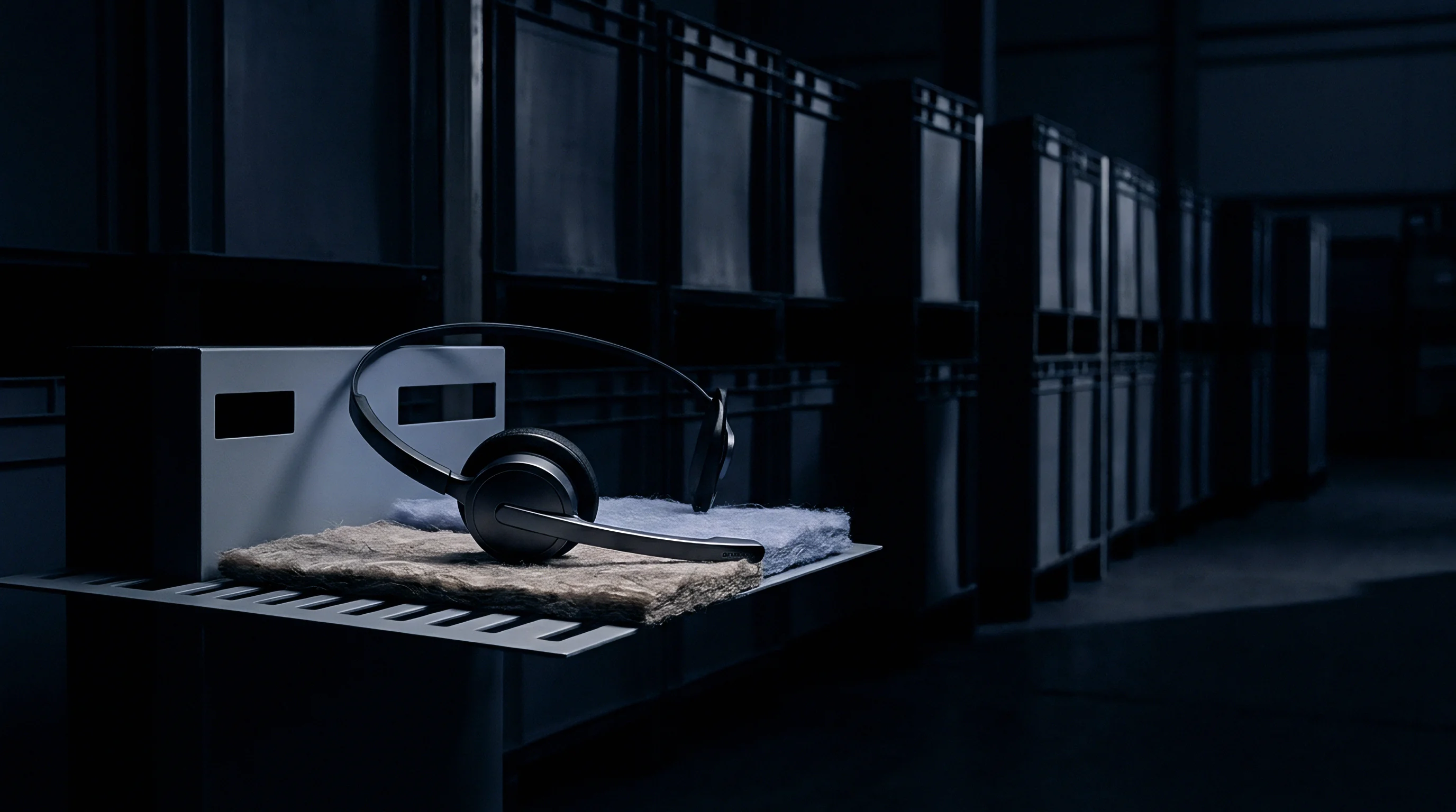 A wireless headset rests on a layer of fibrous industrial insulation material atop a metal shelf within a darkened warehouse storage aisle.