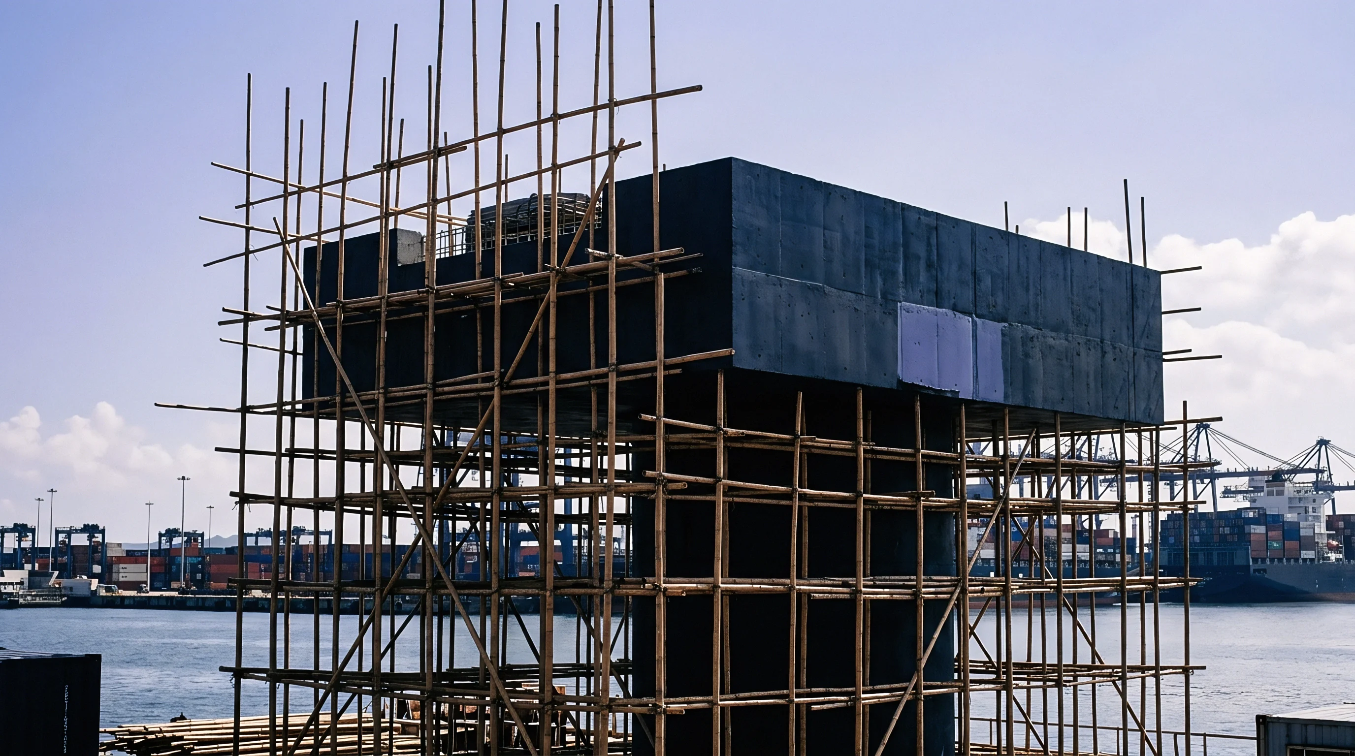 A massive cast concrete pier cap stands elevated above a waterfront terminal within a dense network of structural bamboo scaffolding.