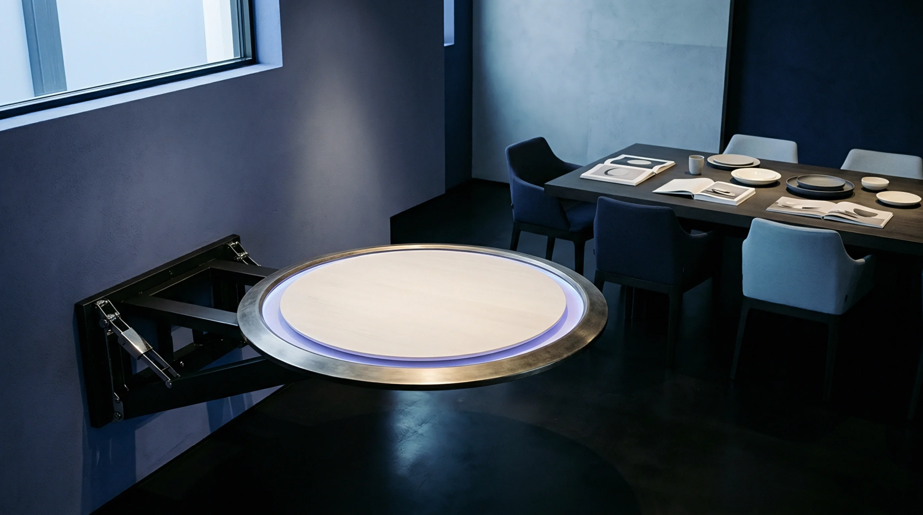 A heavy duty steel articulating bracket mounts a circular wooden platform to a dark grey wall inside an industrial design showroom.