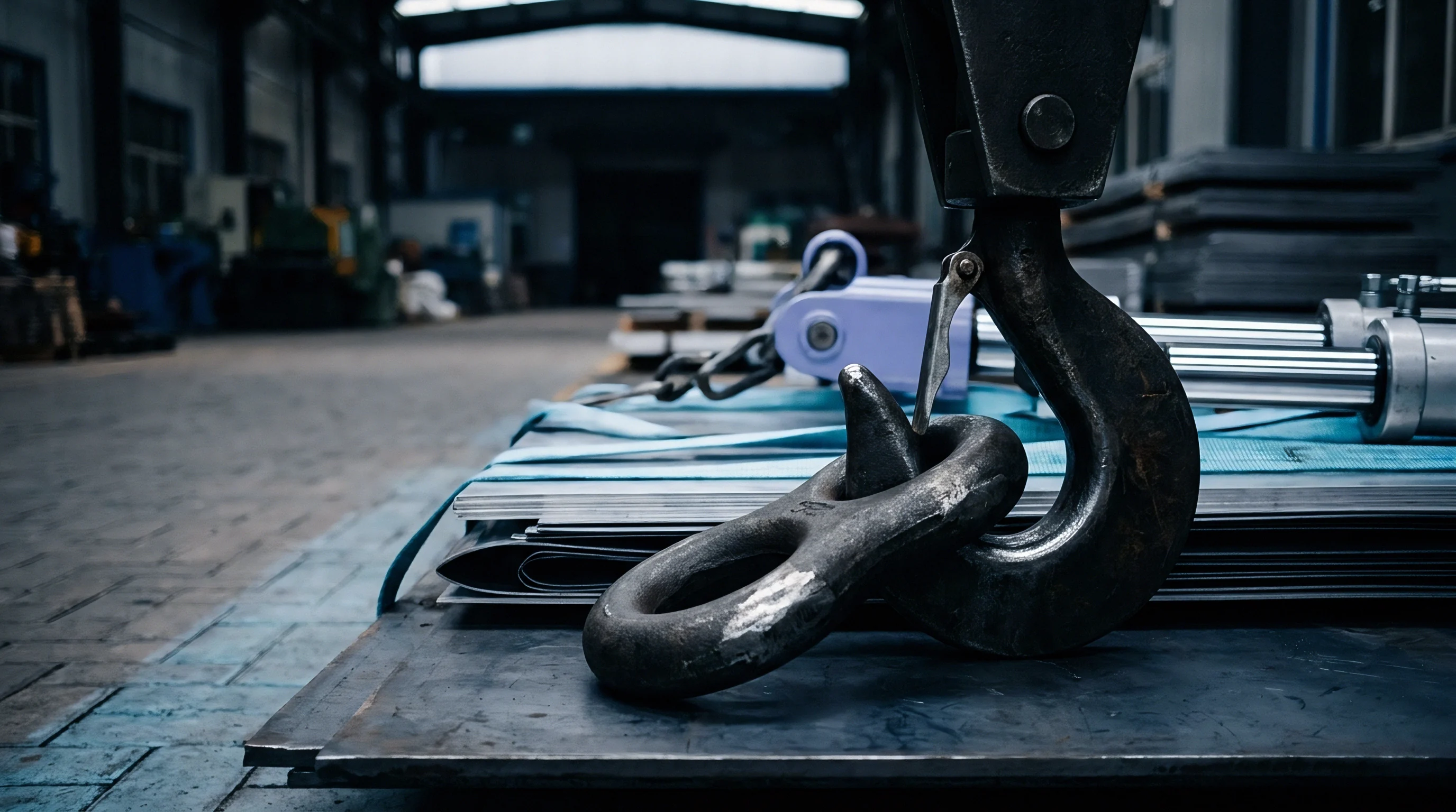 A large steel hook rests near stacks of metal sheets secured by blue lifting straps on a factory floor.