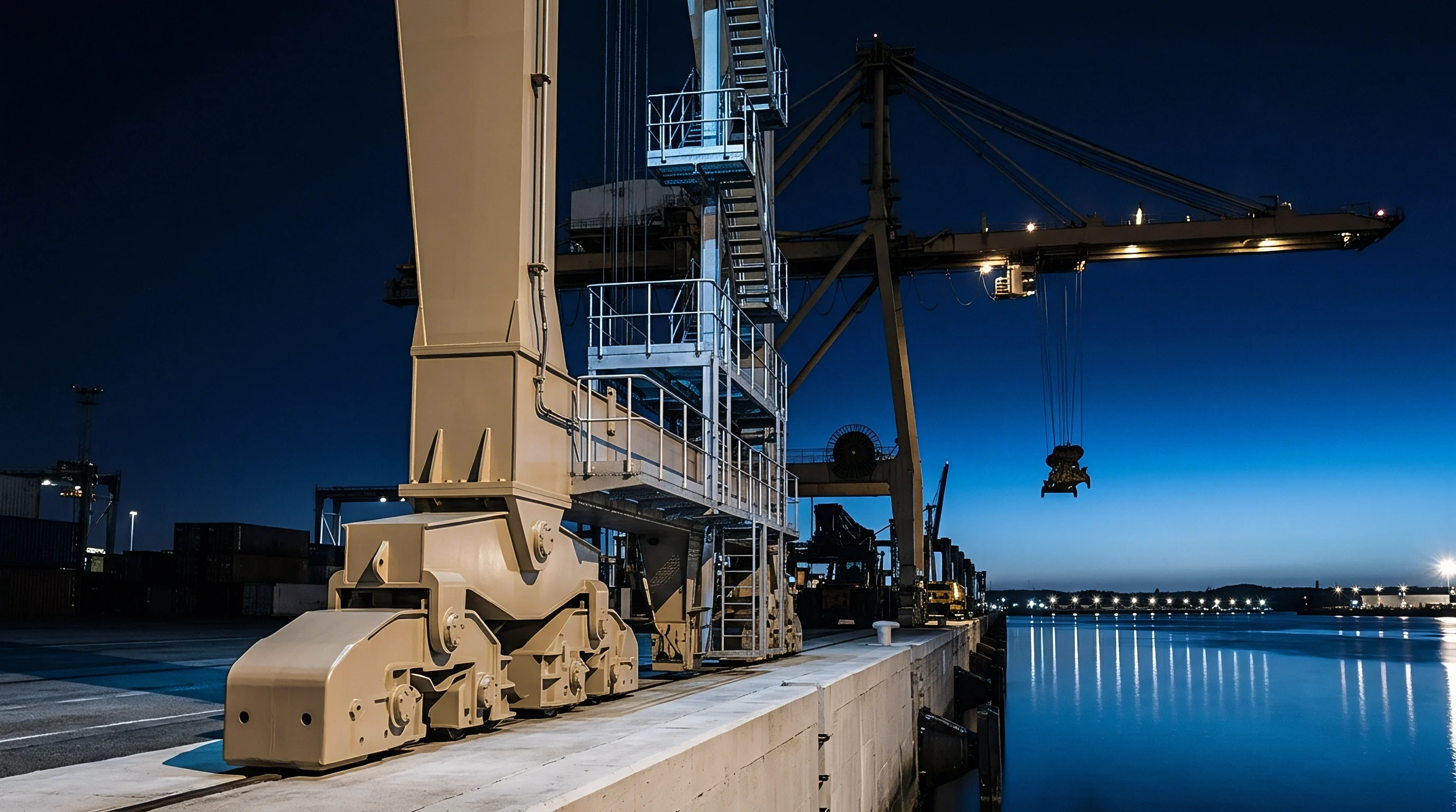 Steel container gantry crane rests on heavy concrete rails beside dark water at an industrial shipping terminal during evening hours.