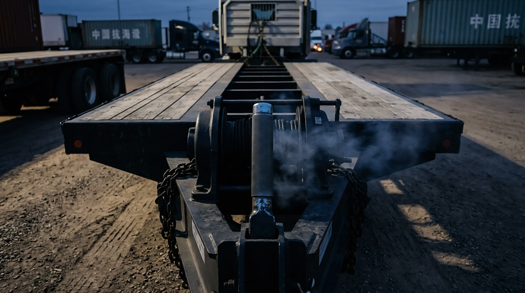 A heavy steel flatbed trailer stands in a logistics terminal courtyard featuring a winch mechanism with active steam venting.