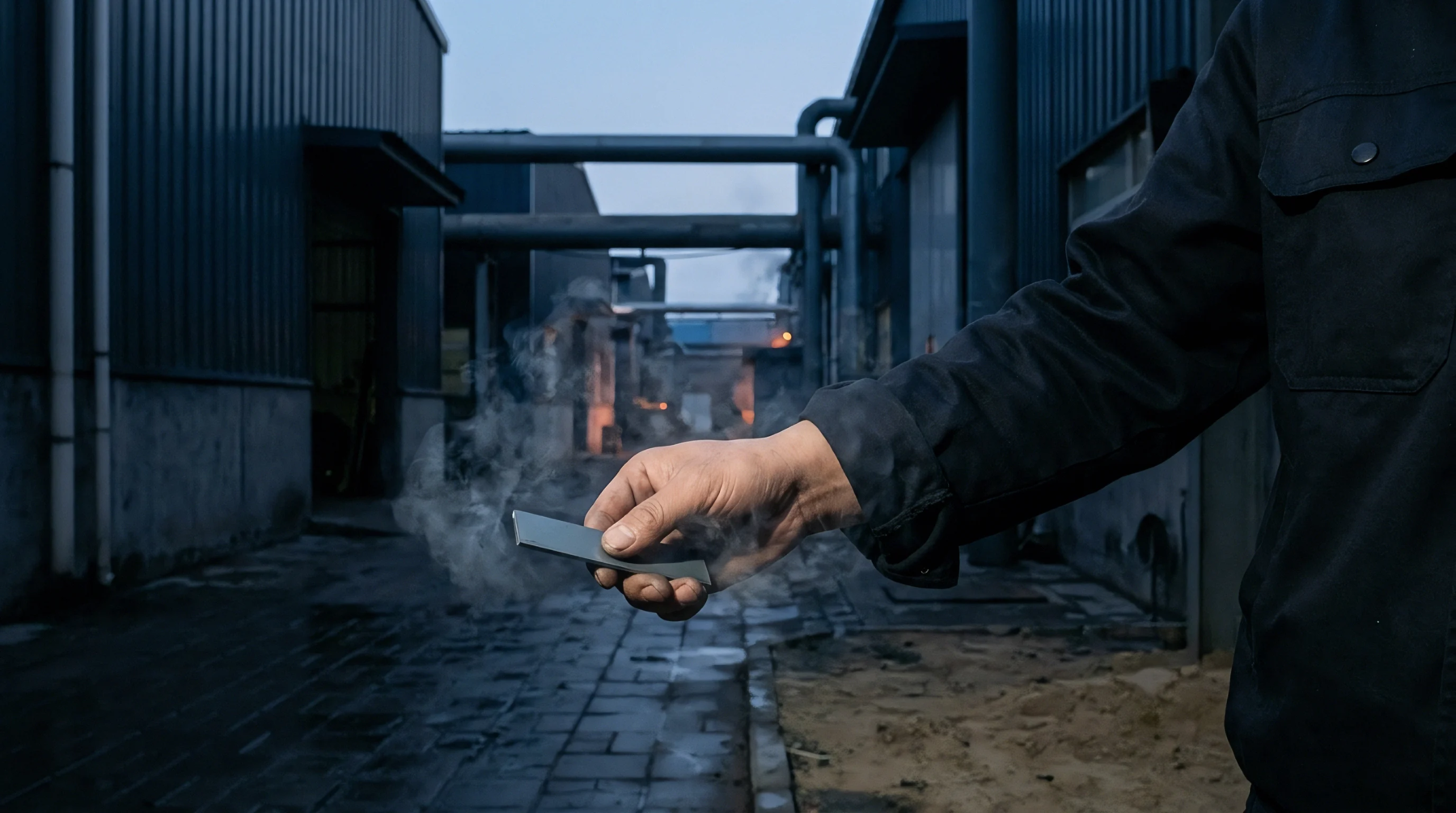 A factory worker holds a smoking metal specimen in an industrial corridor between blue corrugated steel buildings and overhead piping systems.