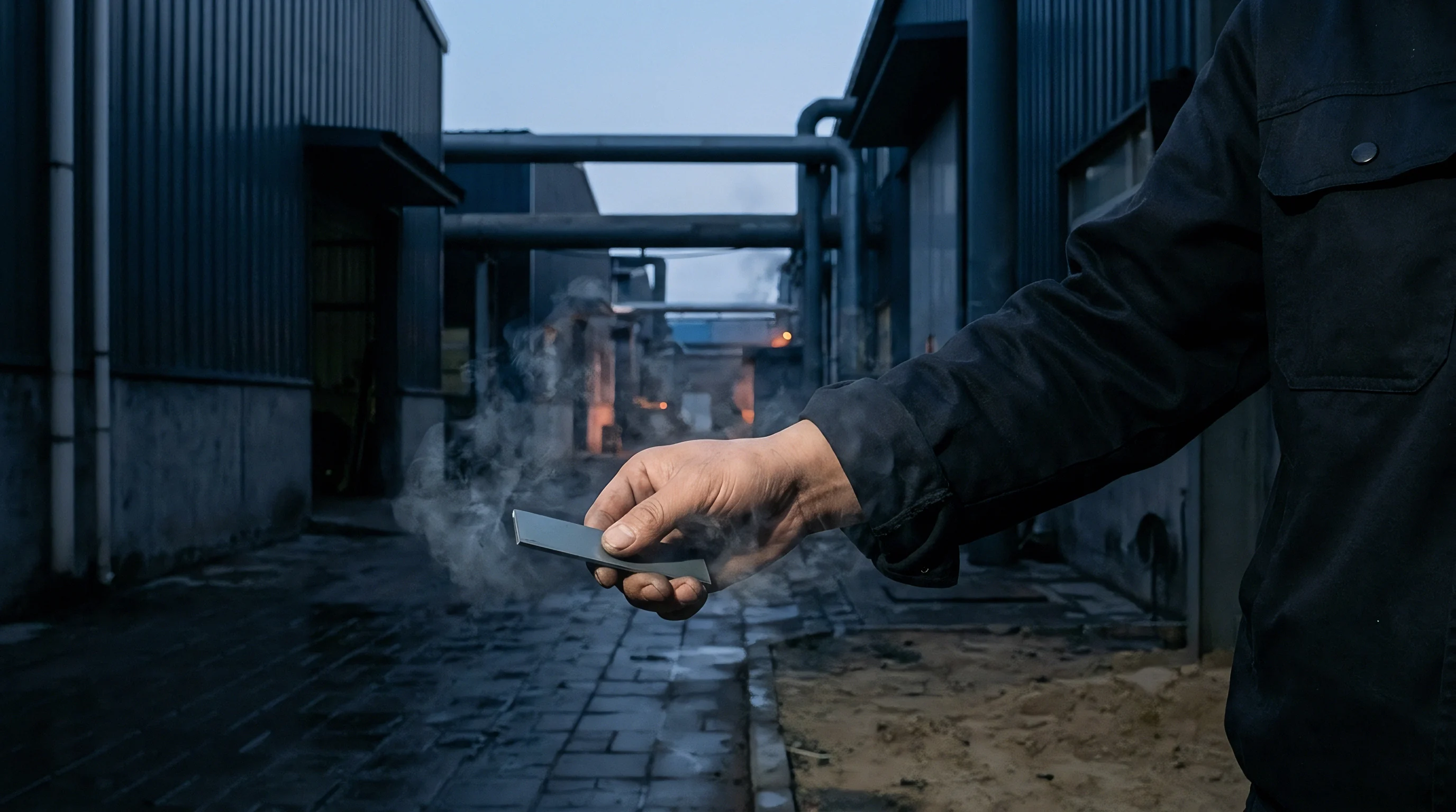 A factory worker holds a smoking metal specimen in an industrial corridor between blue corrugated steel buildings and overhead piping systems.