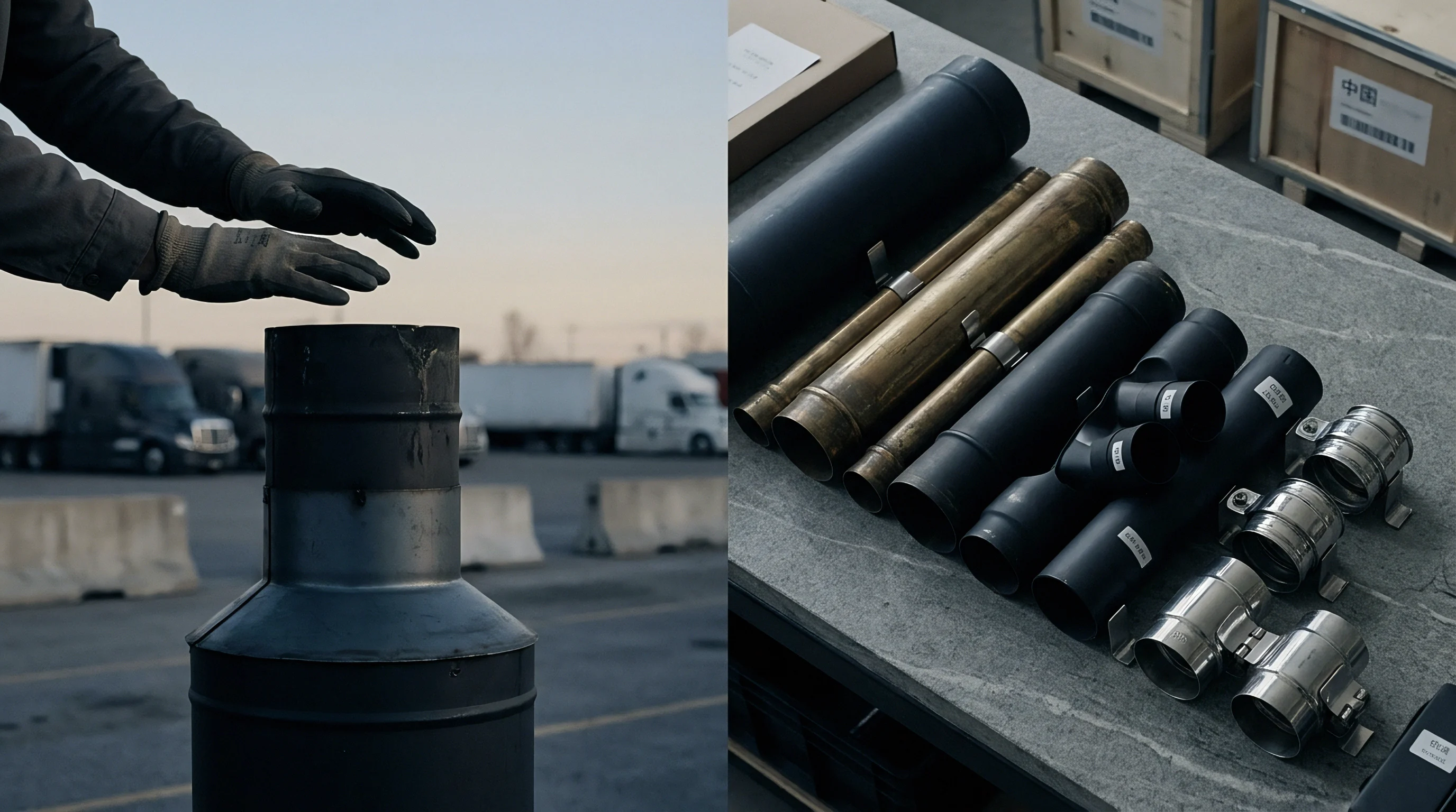 A worker warms gloved hands above a metal exhaust pipe near parked semi trucks while industrial pipe fittings rest on a workbench.